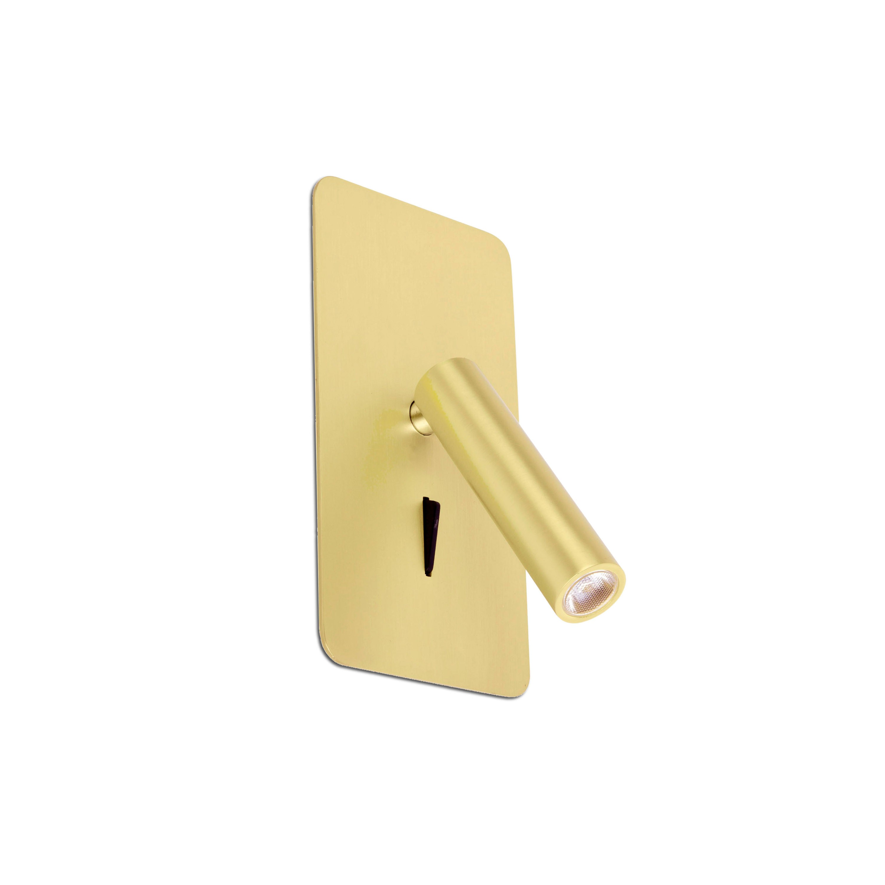 Un'applique dorata con base rettangolare e luce sporgente.