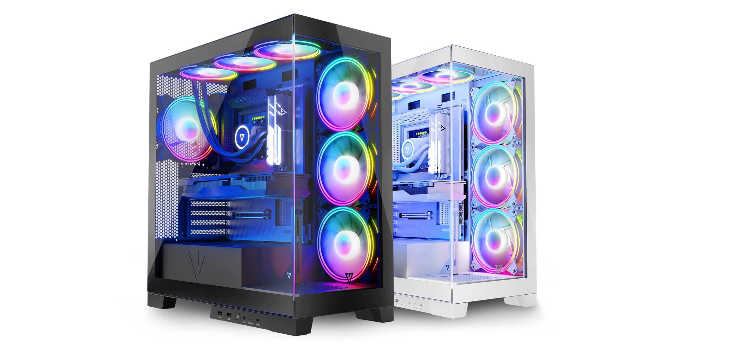 Dwie obudowy komputera z wentylatorami RGB i szklanymi panelami, czarna i biała.