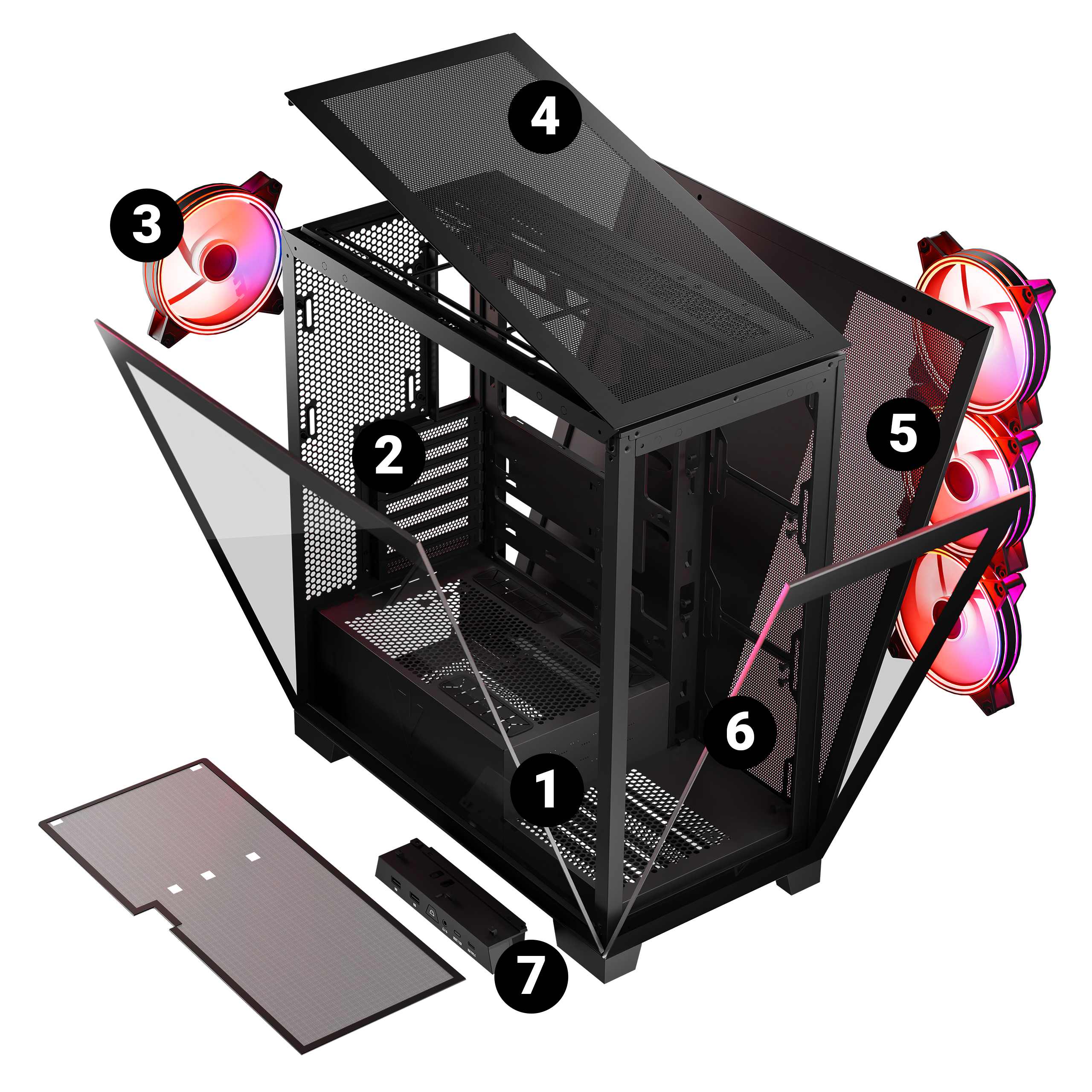 Czarna obudowa komputera z otwartym szklanym bokiem, widocznym wnętrzem i świecącymi wentylatorami.