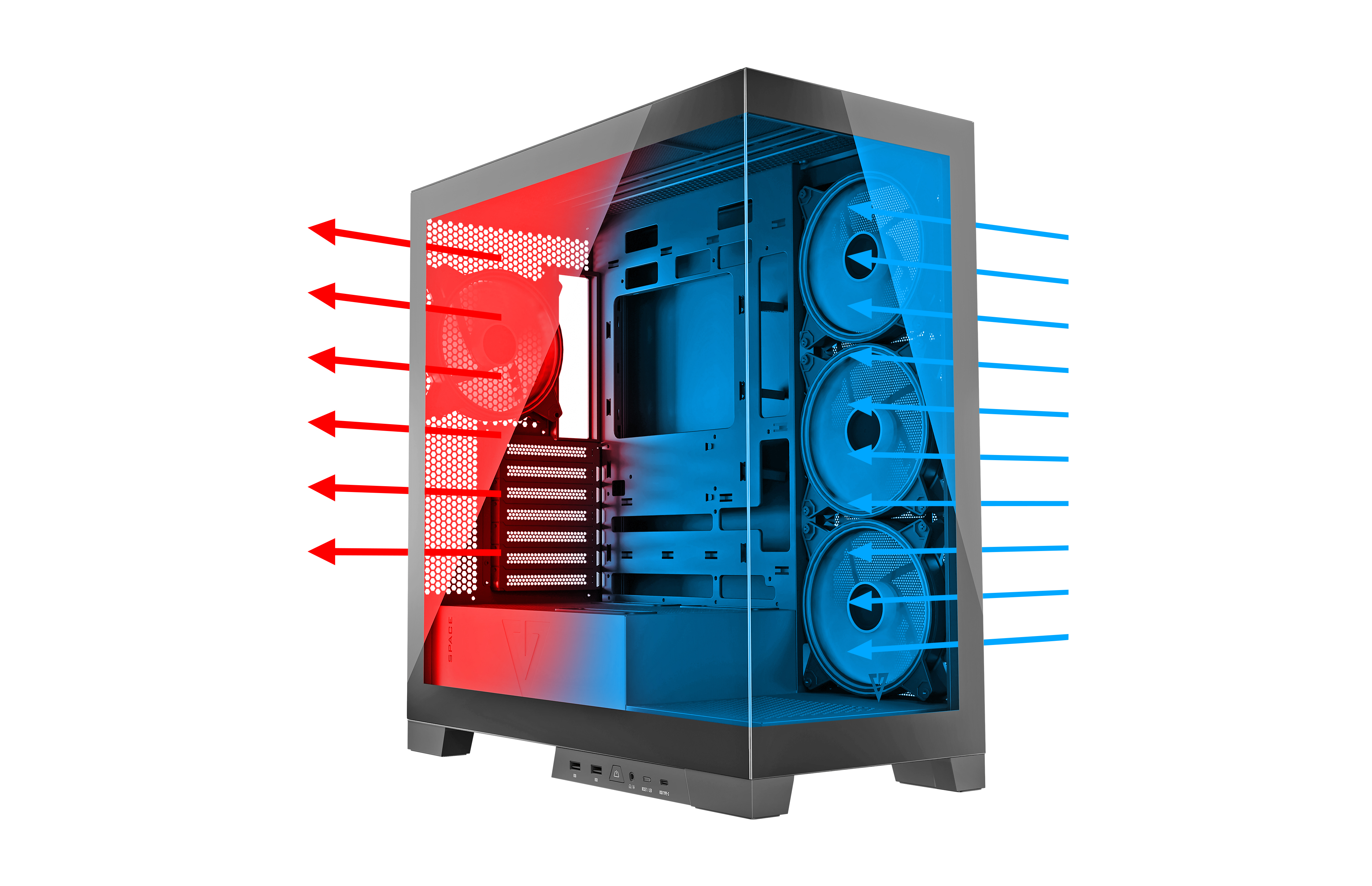 Wnętrze obudowy komputera pokazujące wentylatory, przepływ powietrza i komponenty.