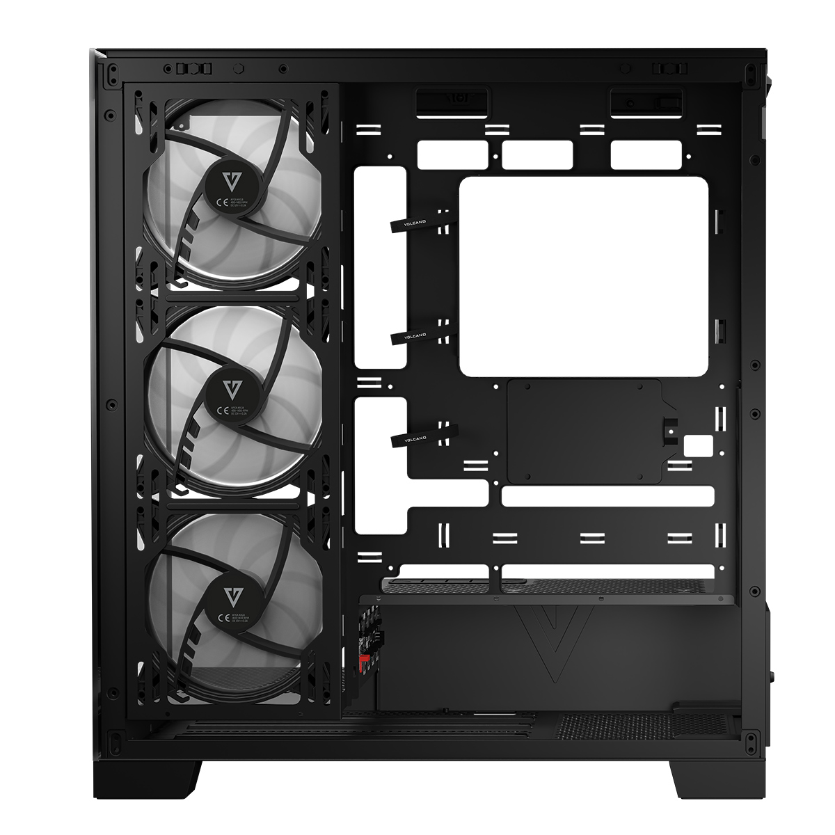 Wnętrze obudowy komputera z wentylatorami i miejscem na komponenty, czarny kolor.