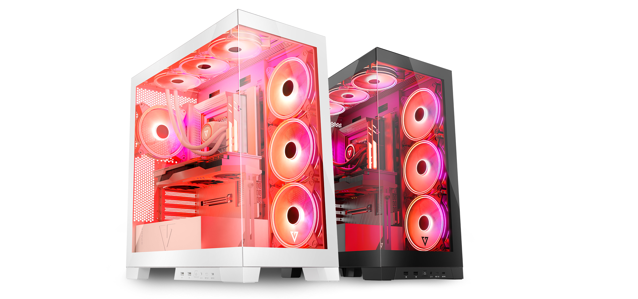 Dwie obudowy komputera z wentylatorami RGB i szklanymi panelami, biała i czarna.