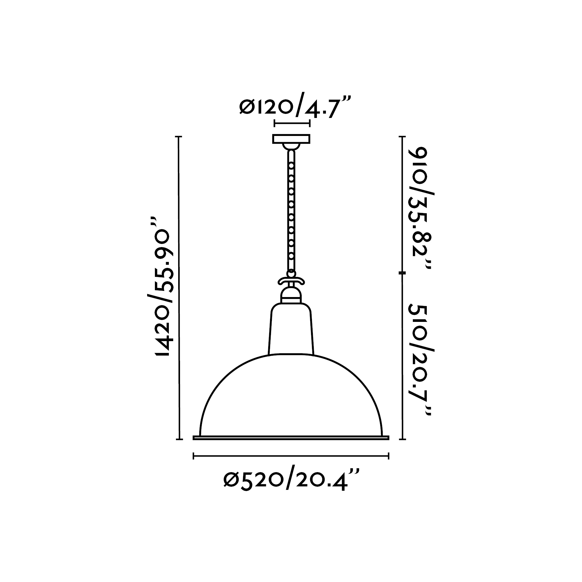 Disegno al tratto di una lampada a sospensione con misure in pollici.