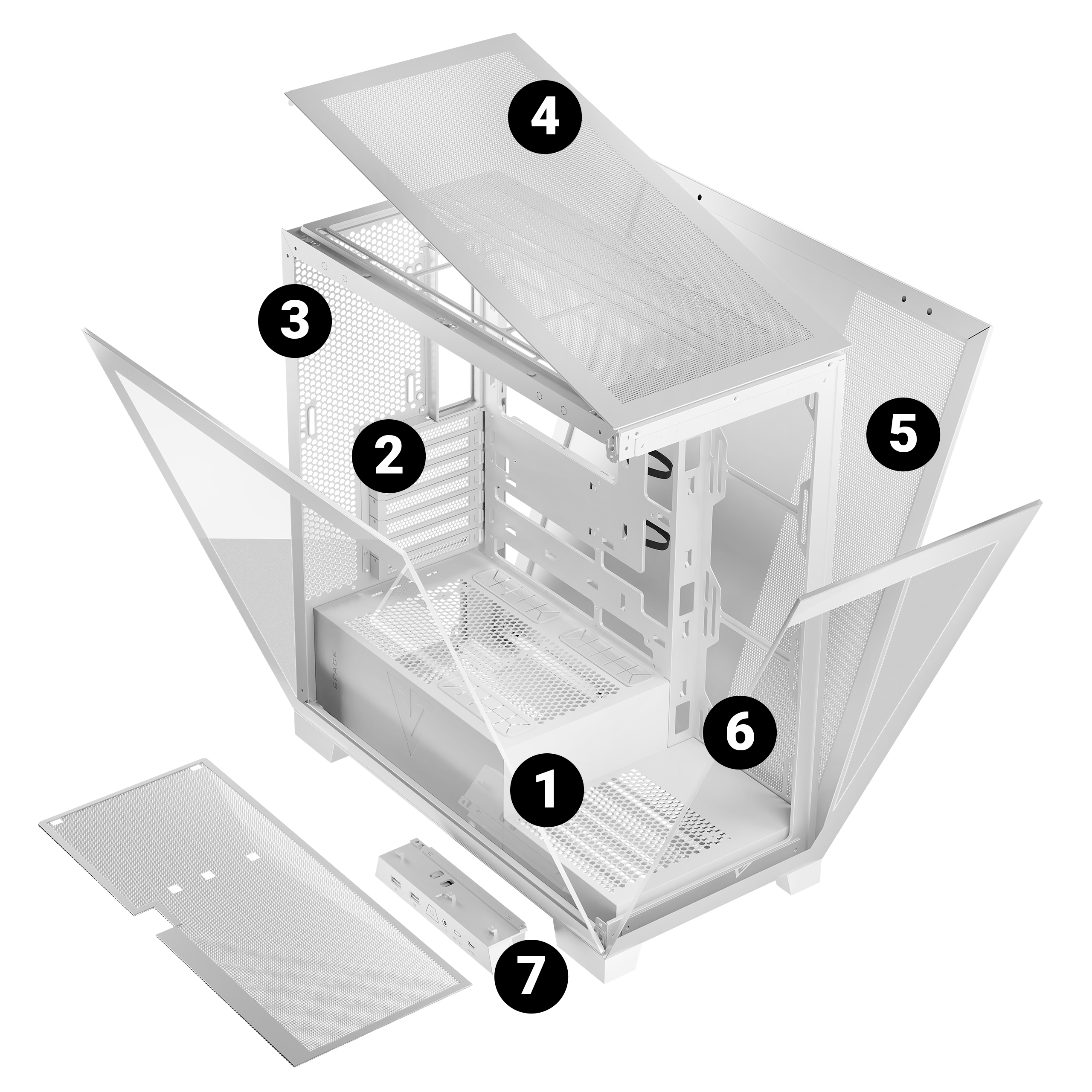 Biała obudowa komputera z otwartymi bokami. Widoczne elementy wewnętrzne.