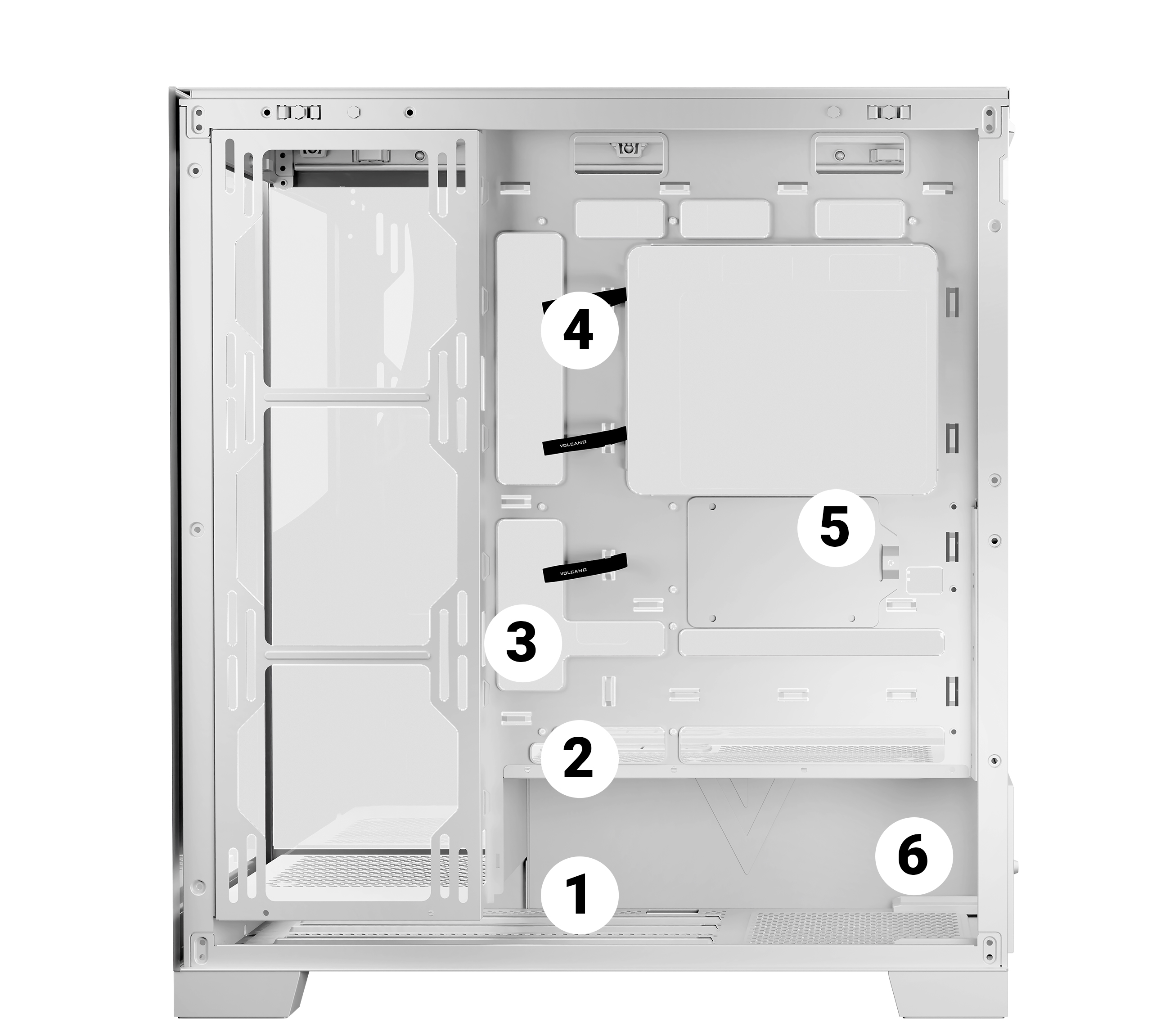 Wnętrze białej obudowy komputera, pokazujące punkty montażowe i przestrzeń.