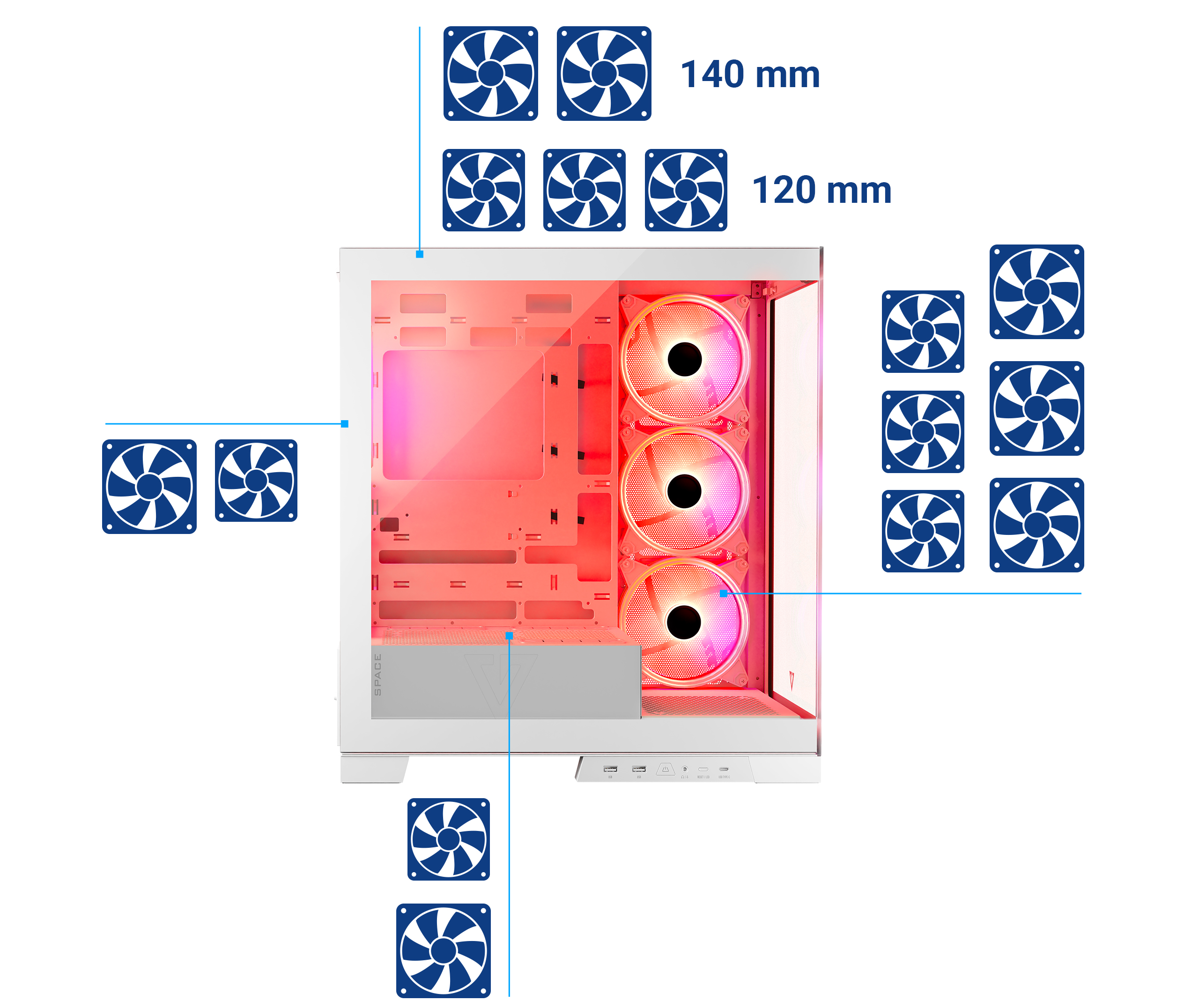 Biała obudowa komputera z wentylatorami i oświetleniem wewnętrznym. Diagramy pokazują rozmiary.