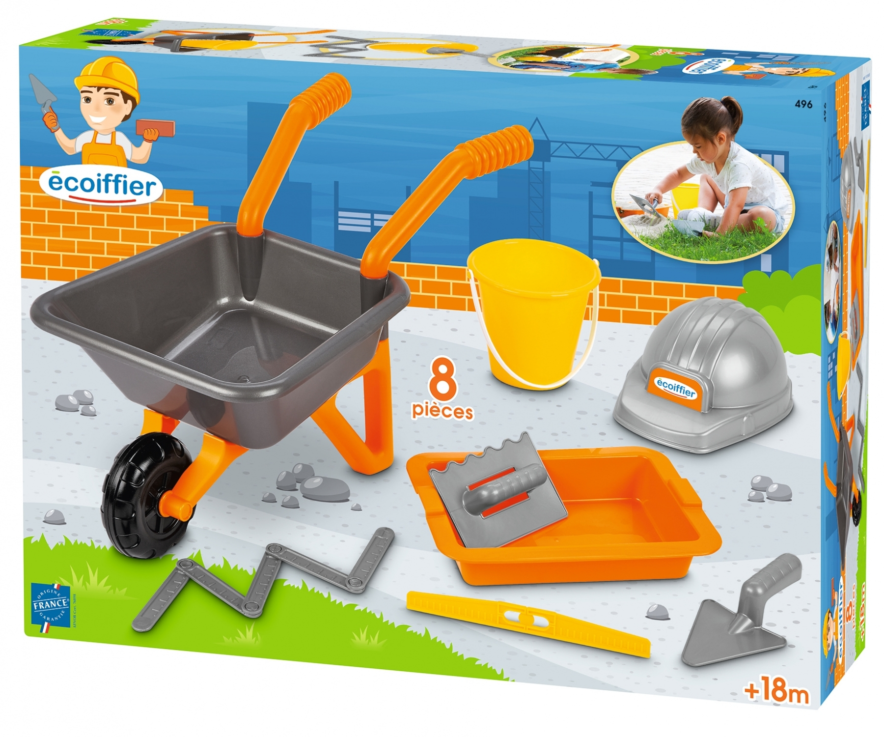 Caja de juego de construcción de juguete con carretilla, herramientas y un niño jugando.