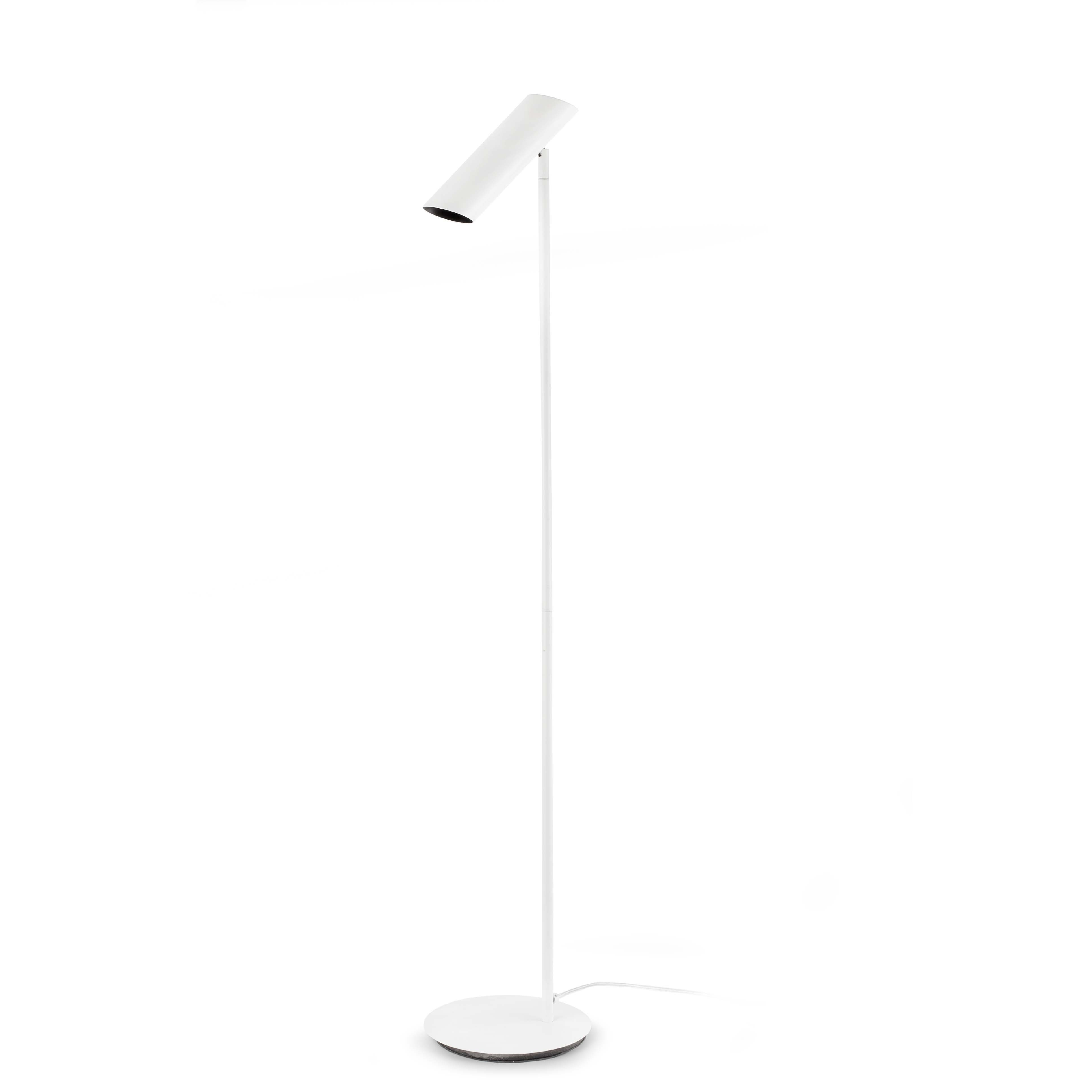 Una lampada da terra bianca con un palo sottile e una luce cilindrica in alto, su sfondo bianco.