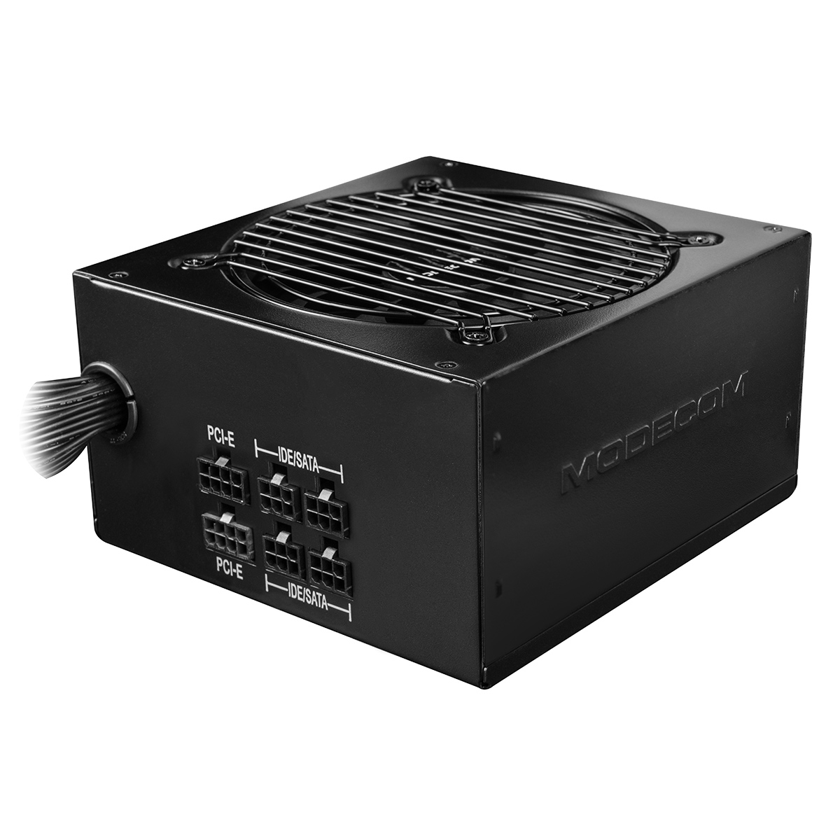 Un alimentatore per computer nero con più slot connettore. Il marchio è visibile.