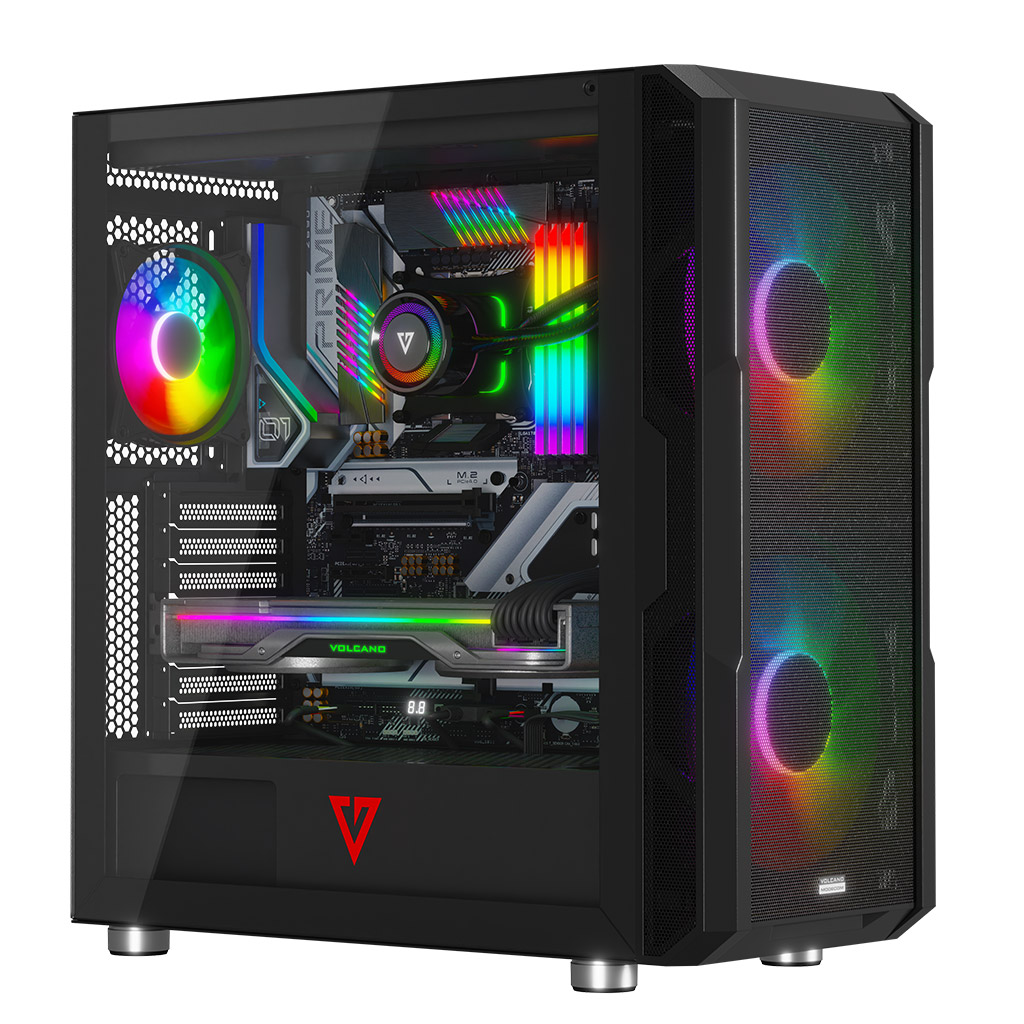 Czarna i szklana obudowa komputera z oświetleniem RGB i komponentami wewnątrz, w tym chłodzeniem CPU i GPU.