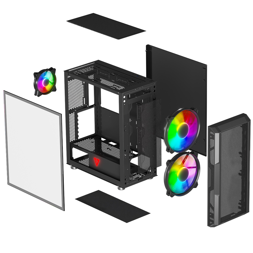Widok rozstrzelony obudowy komputera z komponentami. Widoczne wentylatory ze światłami RGB i panel szklany.