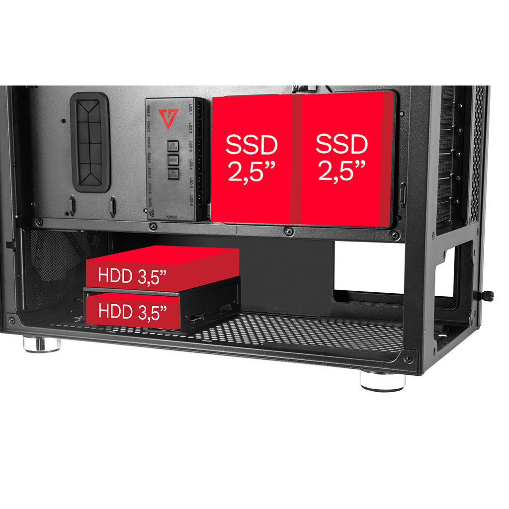 Wnętrze obudowy komputera z gniazdami na dyski SSD i HDD. Czerwone etykiety identyfikują rodzaje pamięci.