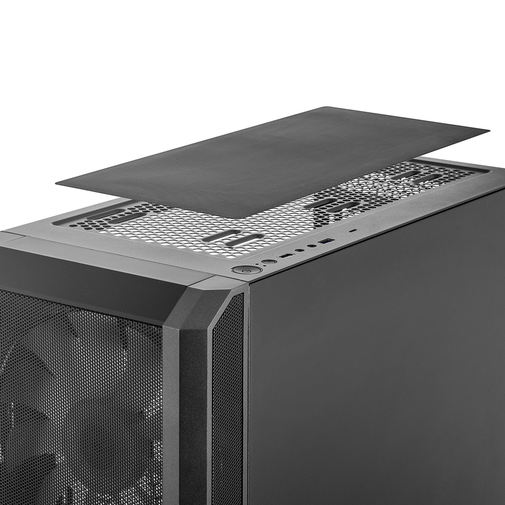 Czarna obudowa komputera z wyjmowanym górnym panelem. Przód i góra z siatki dla przepływu powietrza.