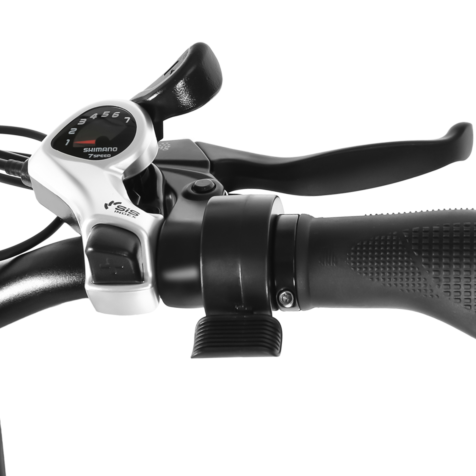 Zbliżenie kierownicy roweru z przełącznikiem biegów Shimano i dźwigniami hamulca.