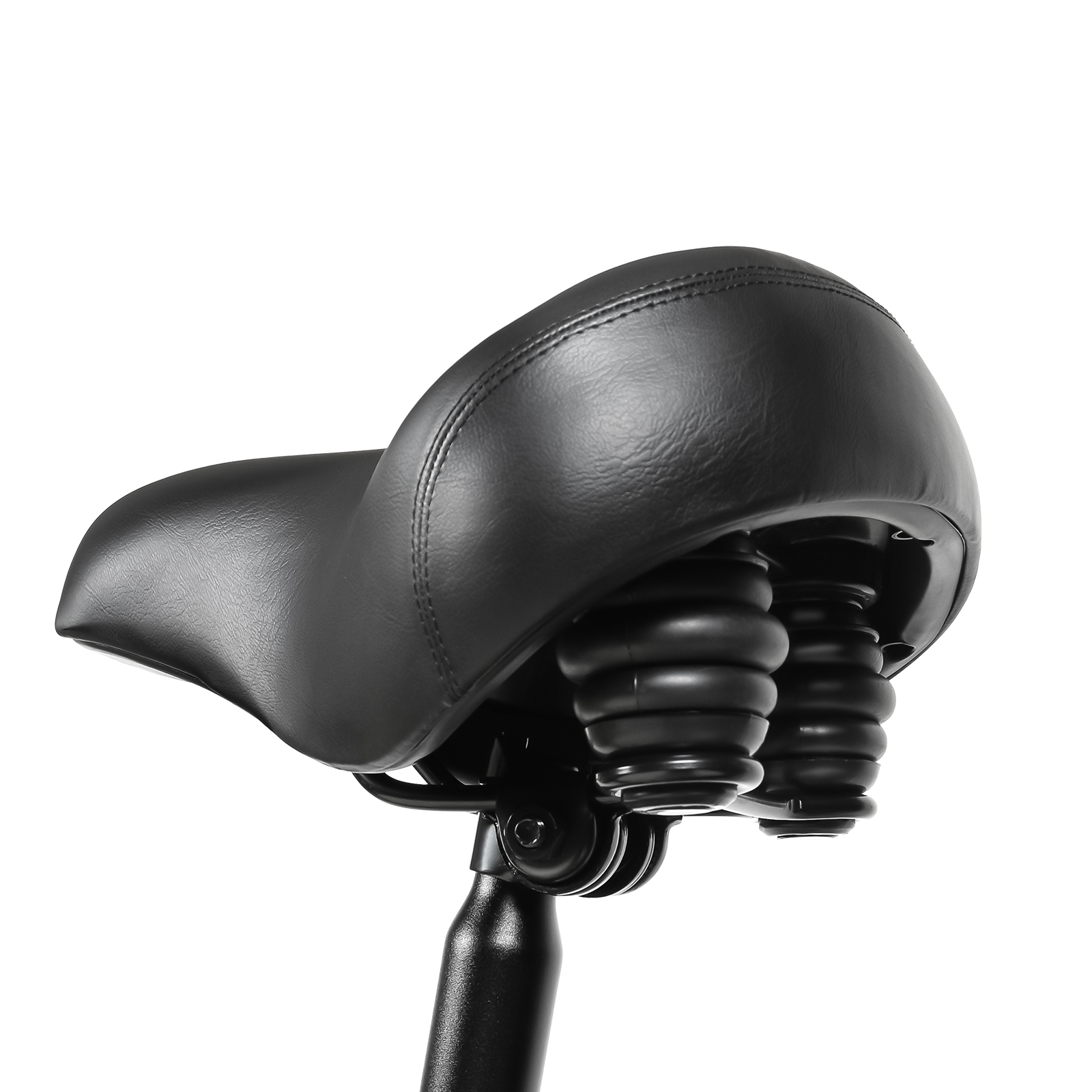 Czarne siodełko rowerowe ze sprężynami, zbliżenie, na białym tle.