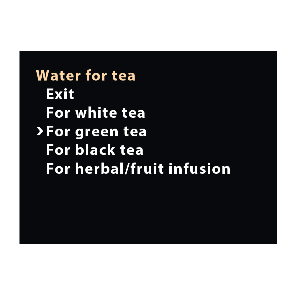 Czarne tło z opcjami tekstowymi: woda do herbaty, wyjście, dla zielonej herbaty itp. Opcja zielonej herbaty jest zaznaczona.