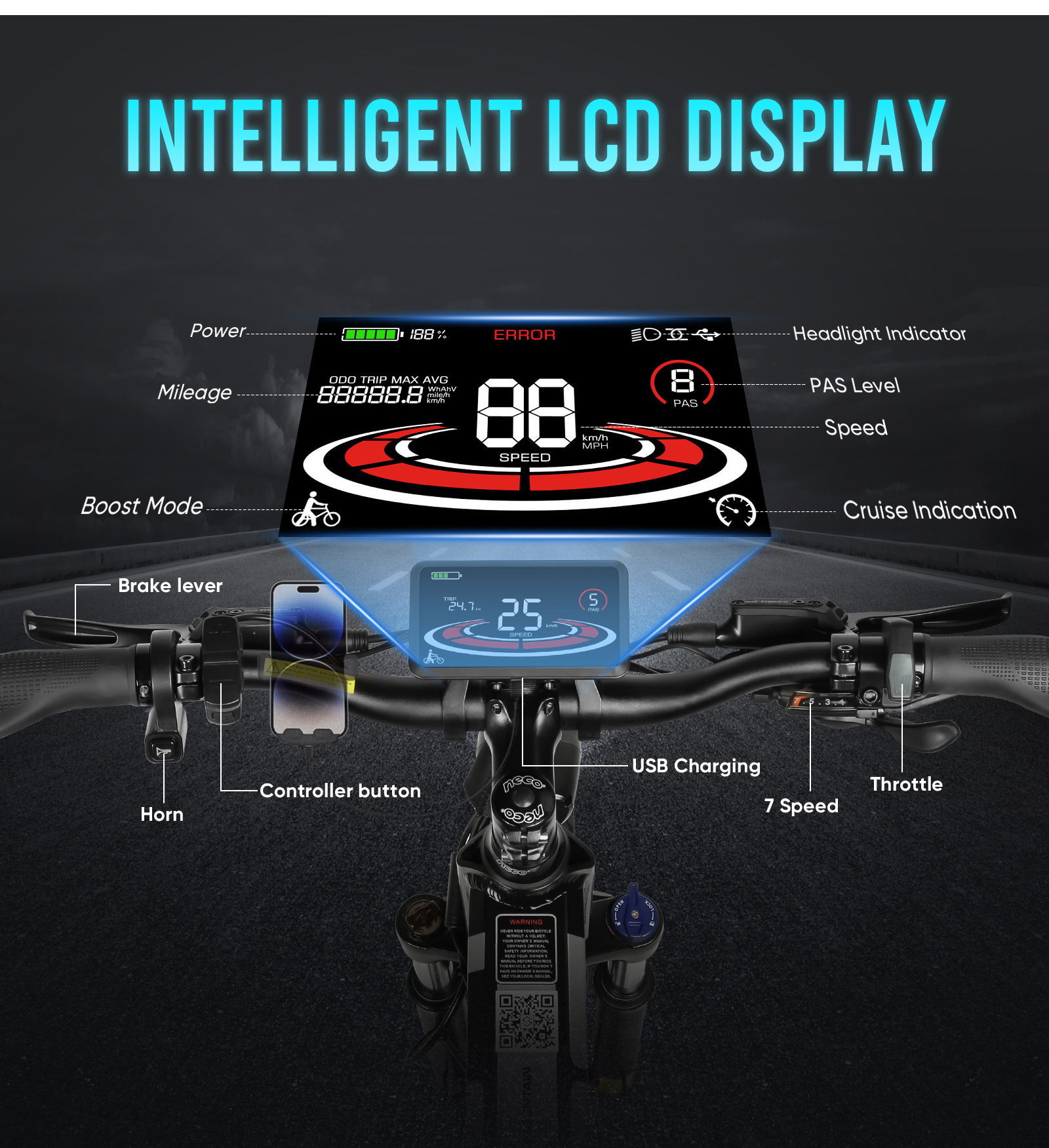 Zbliżenie wyświetlacza LCD pokazującego moc, prędkość i inne wskaźniki na kierownicy roweru elektrycznego.