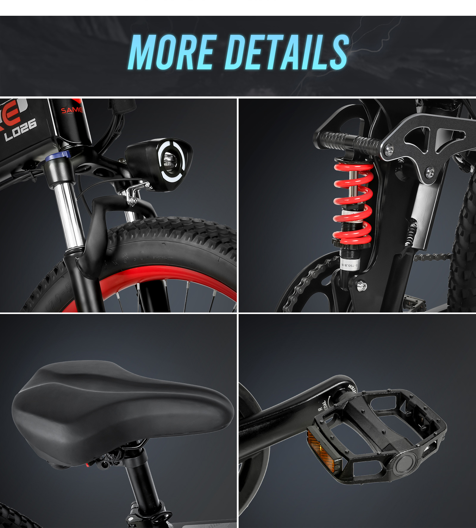 Szczegóły elementów roweru elektrycznego, w tym reflektor, czerwone zawieszenie, siodełko i pedał, zbliżenia.