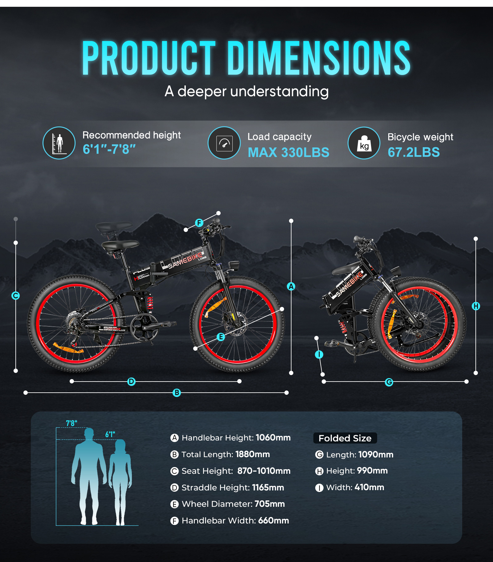 Tabela wymiarów produktu ze zdjęciami rowerów. Pokazuje kierownicę, długość całkowitą, wysokość siodełka, średnicę koła i szerokość kierownicy.