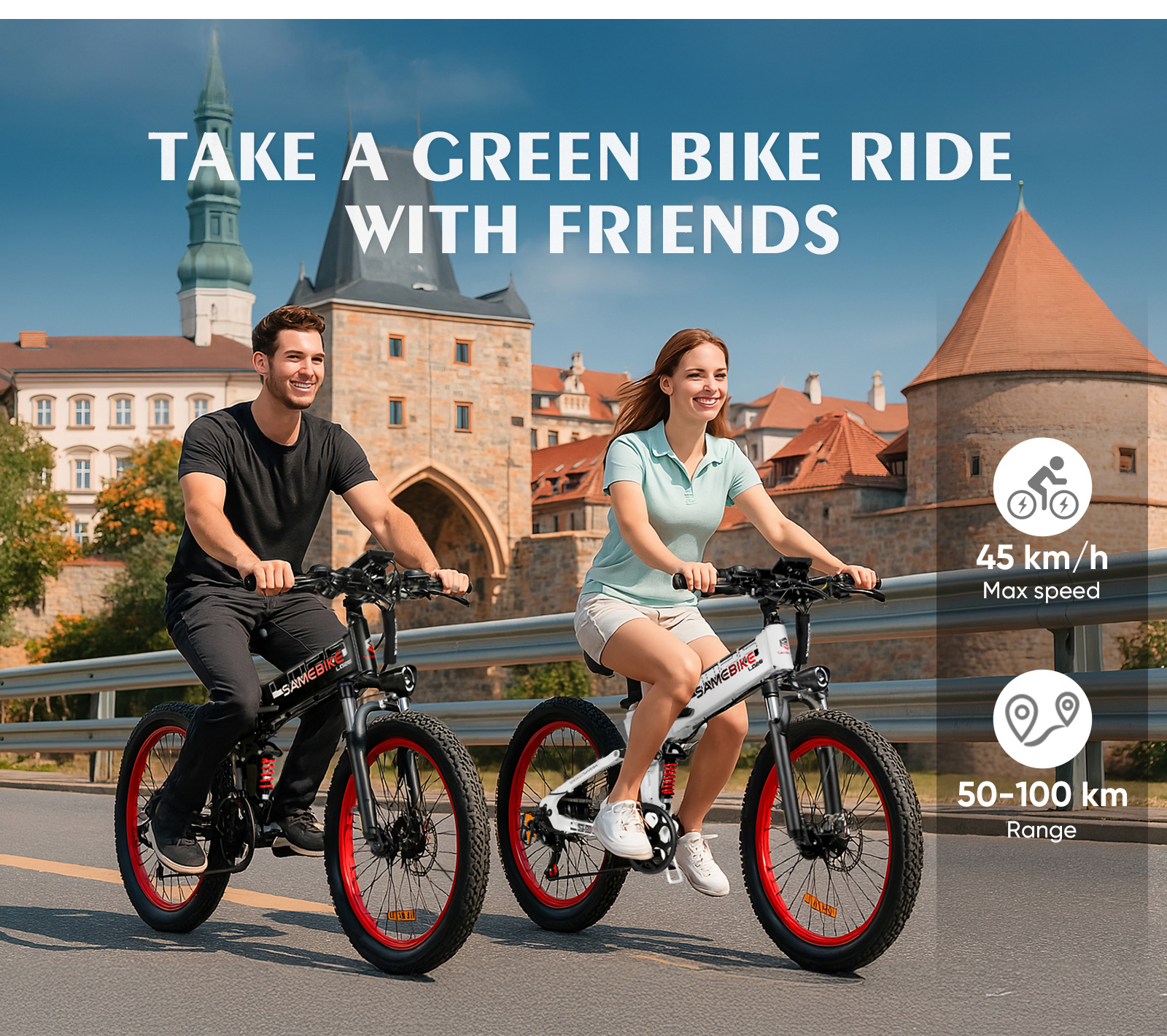 Dwie osoby jadące na rowerach elektrycznych ścieżką, z zamkiem w tle i wskaźnikami prędkości/zasięgu.