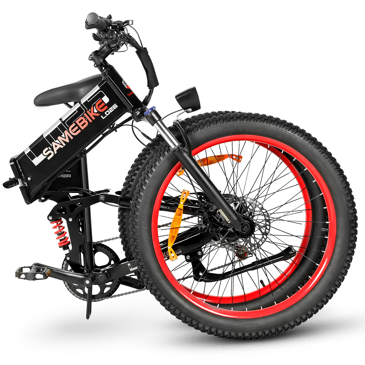 Czarno-szary składany rower elektryczny z czerwonymi obręczami. Rower ma czarne siodełko i opony, na białym tle.