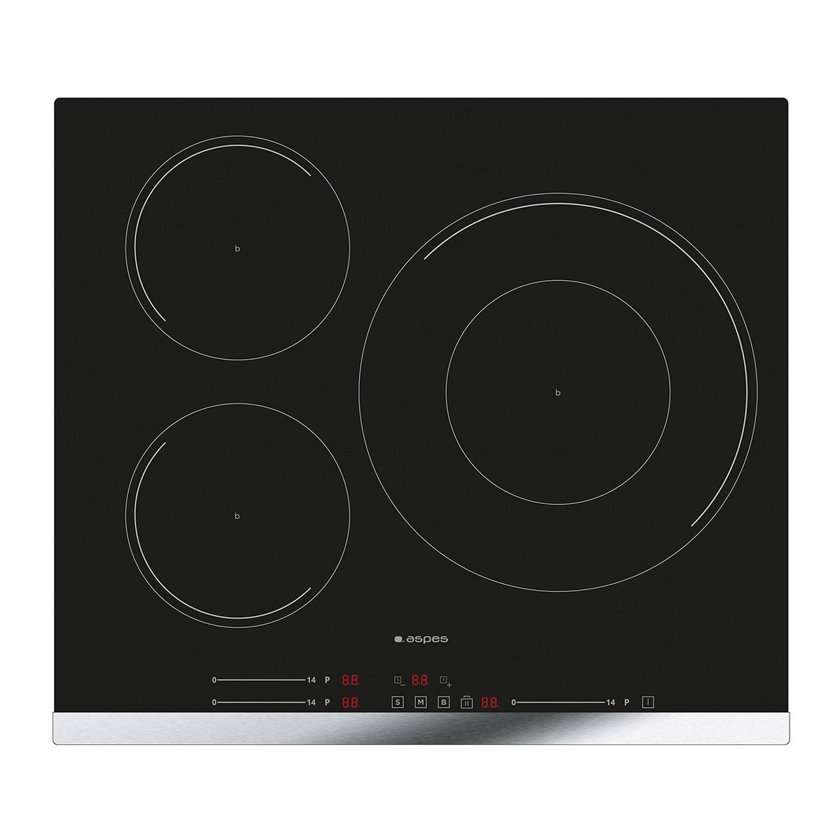 Czarny blat kuchenny z trzema okrągłymi palnikami i podstawą ze stali nierdzewnej.