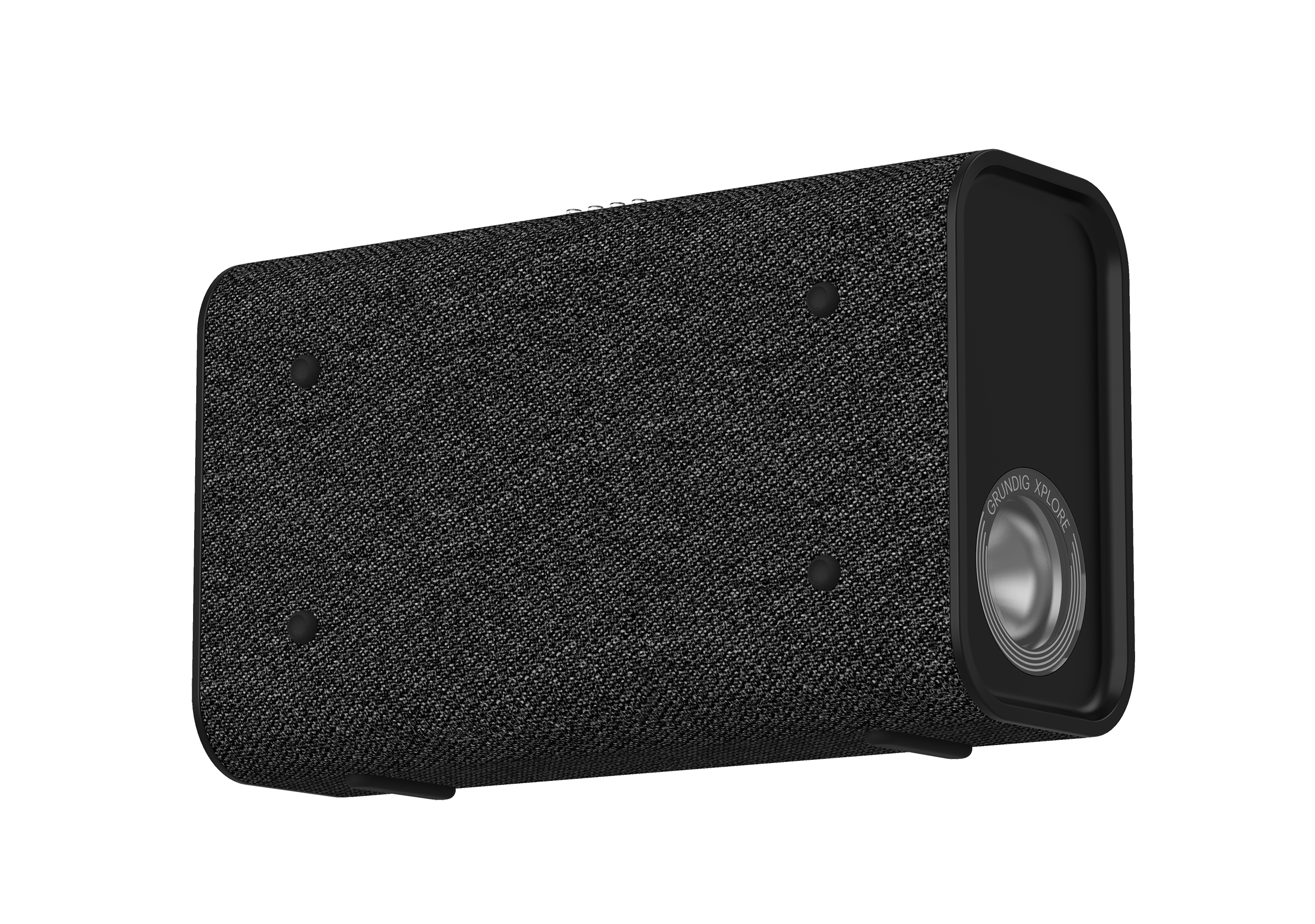 Czarny głośnik Grundig z obiektywem. Białe tło.