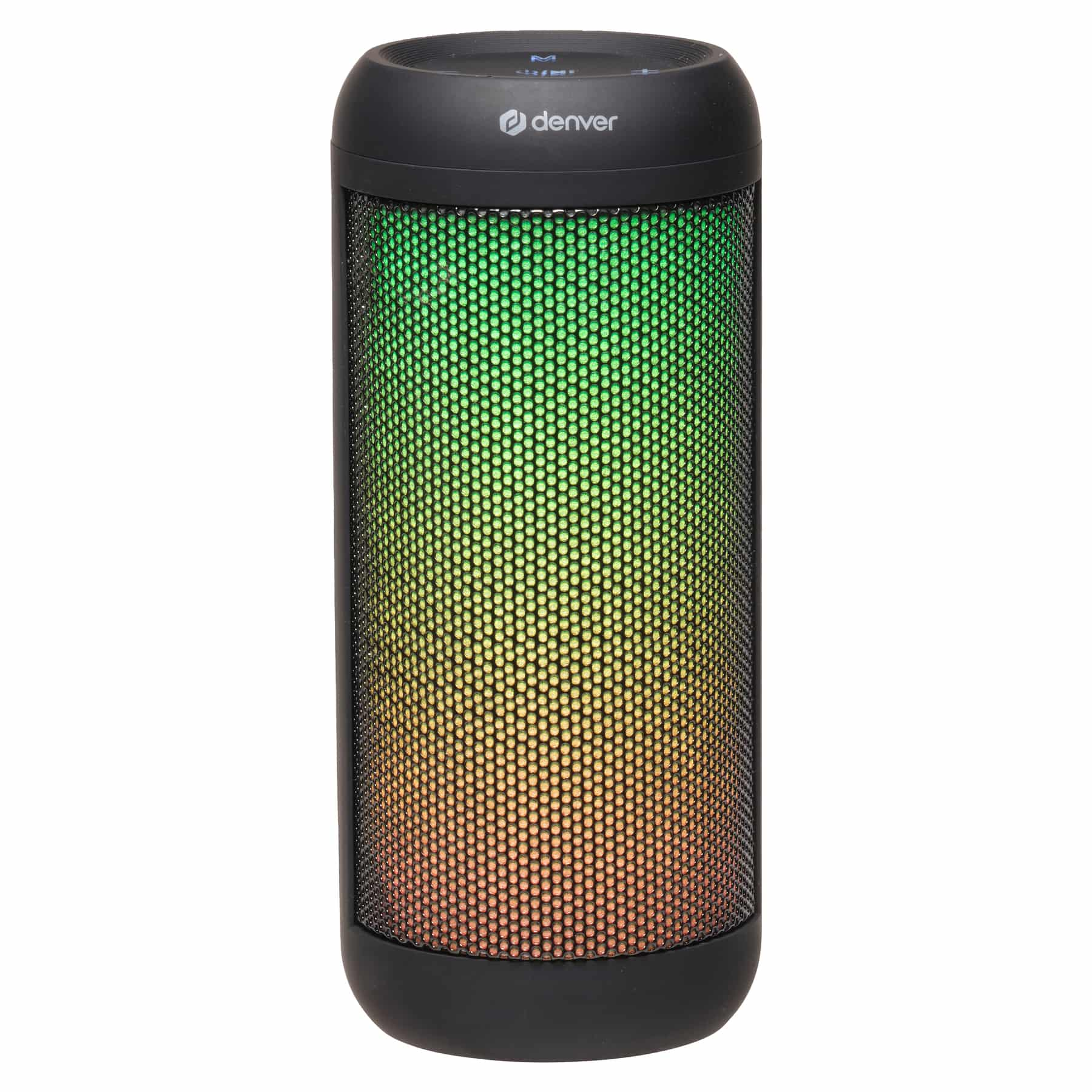 Black cylindrical speaker with colorful glowing lights. Denver logo on top.