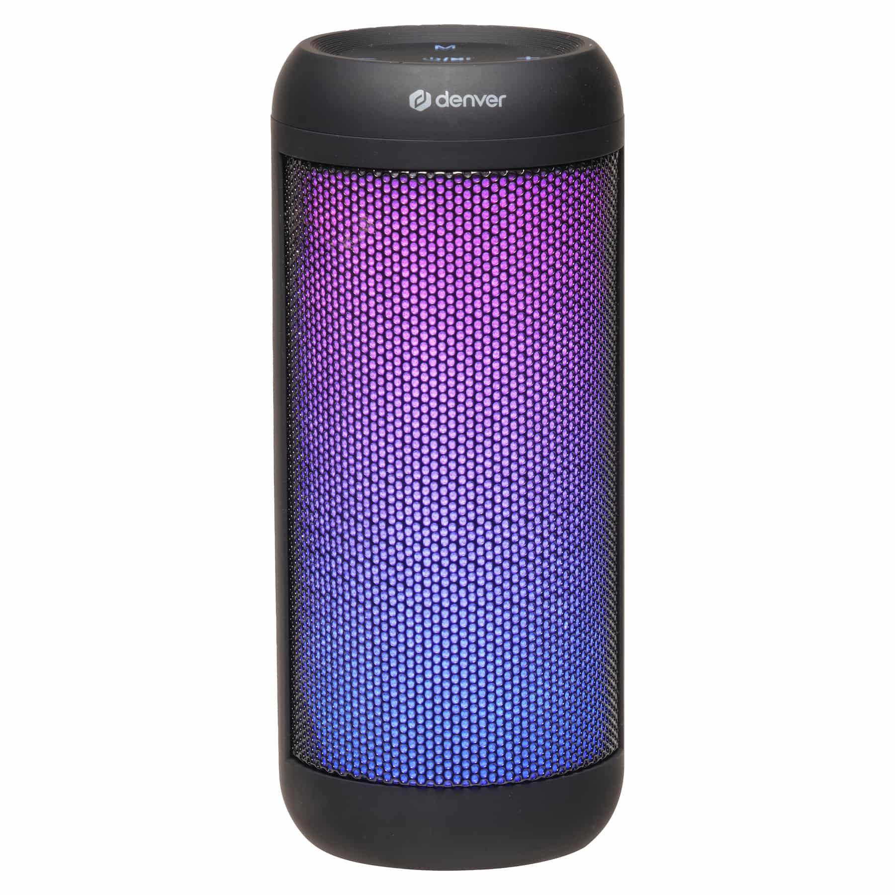 Black cylindrical speaker with purple and blue glowing lights. Denver logo.