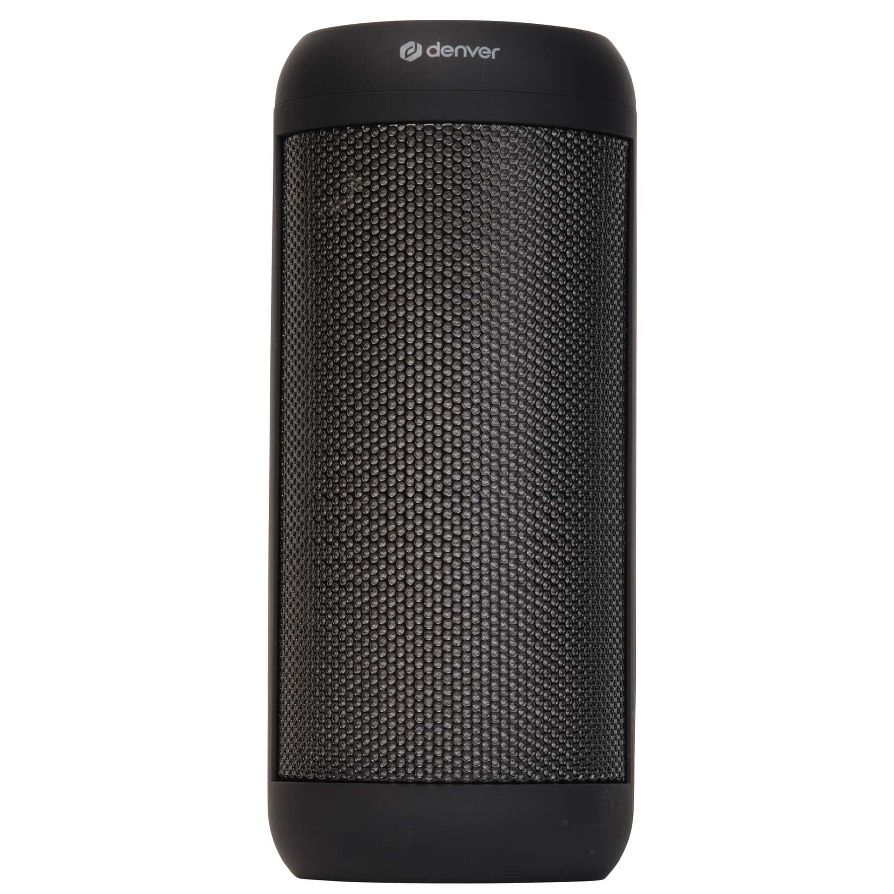 Black Denver speaker, cylindrical shape, with a mesh speaker cover.