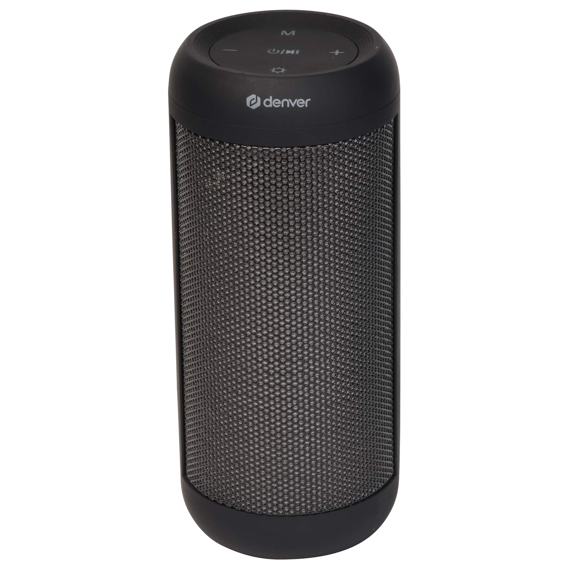 Black cylindrical speaker. Denver logo on top. Mesh speaker grill covers the body.