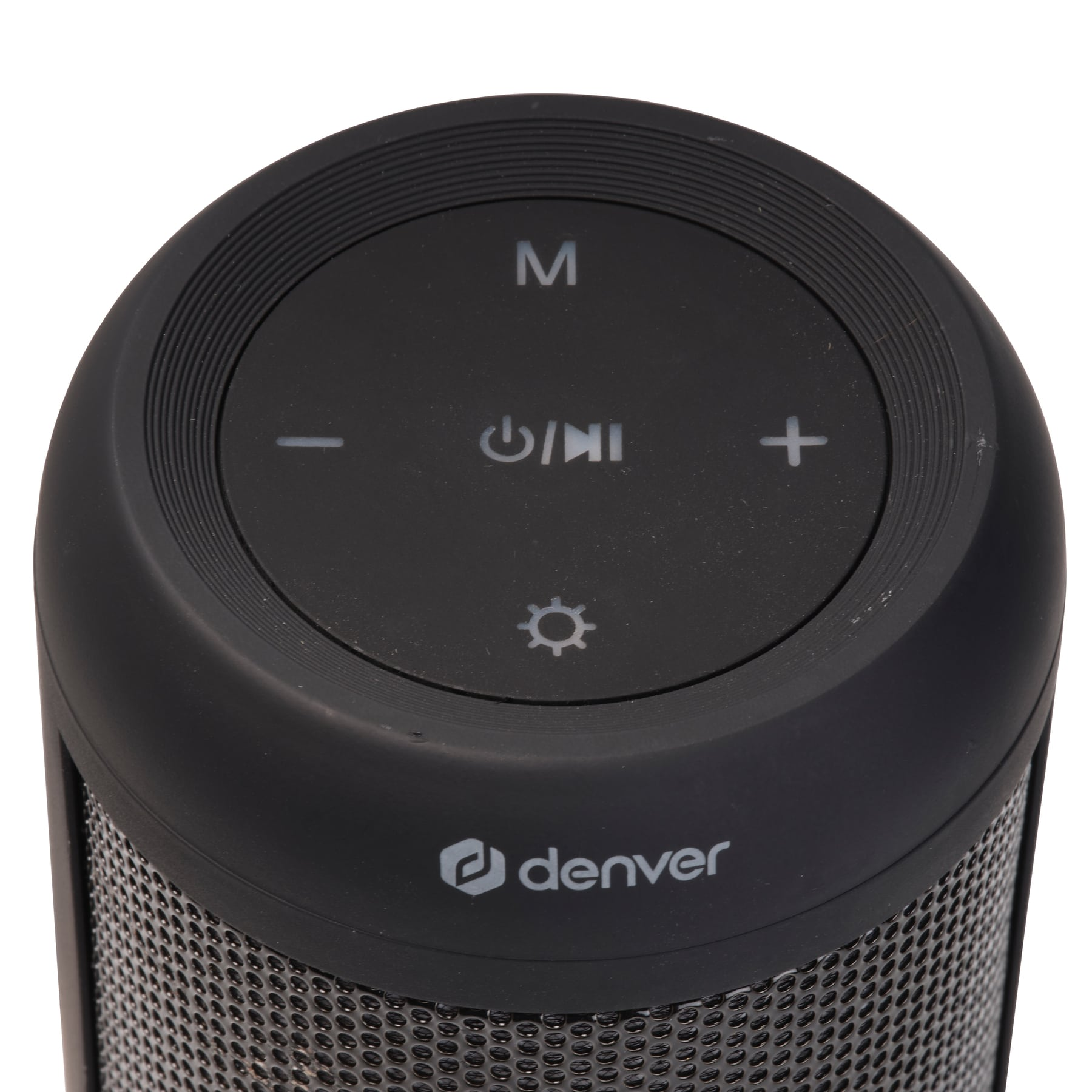 Black speaker top with buttons: volume -, power/play, volume +, and a gear icon.