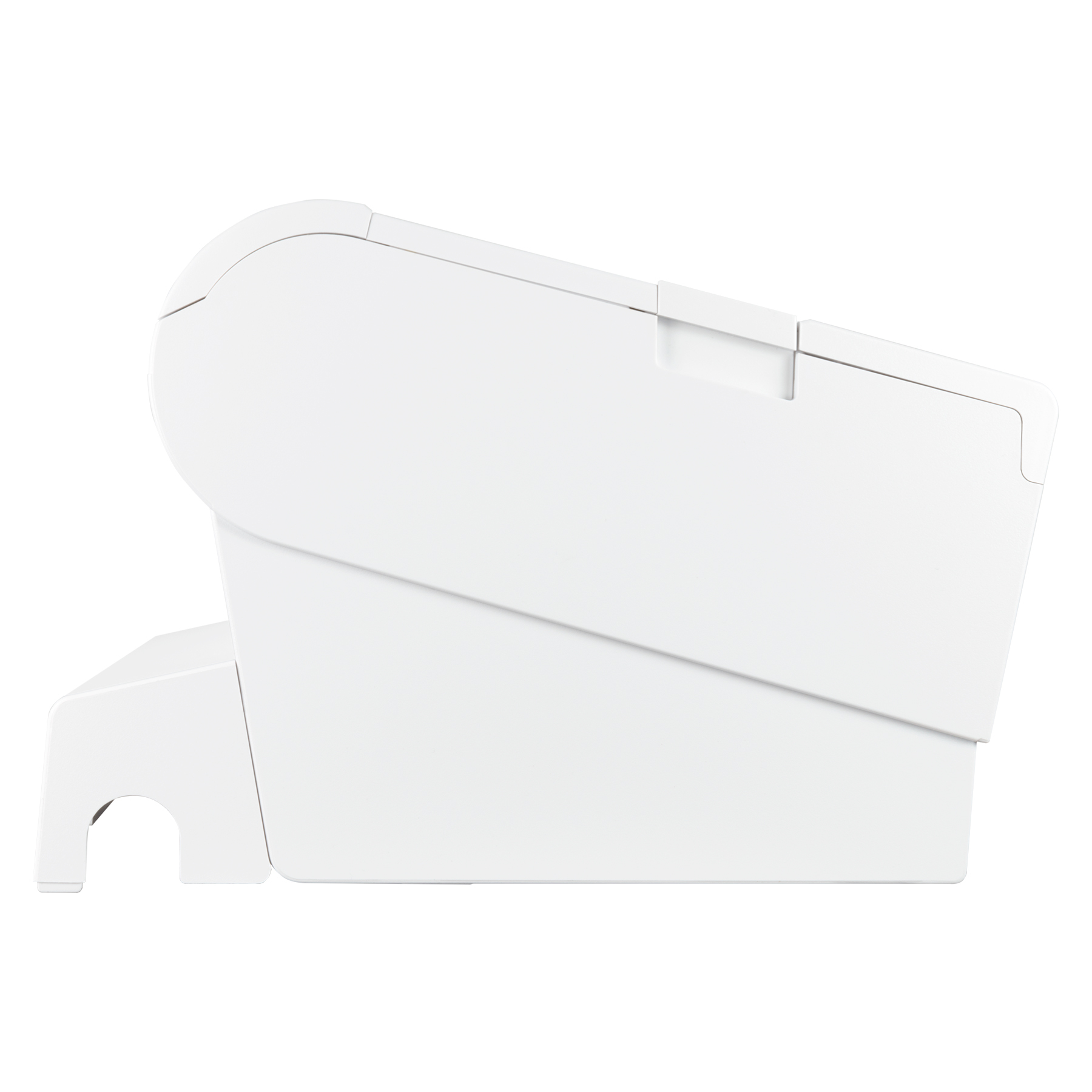 Biała drukarka. Widok z boku z kątową konstrukcją. Czyste białe wykończenie. Brak widocznych etykiet.