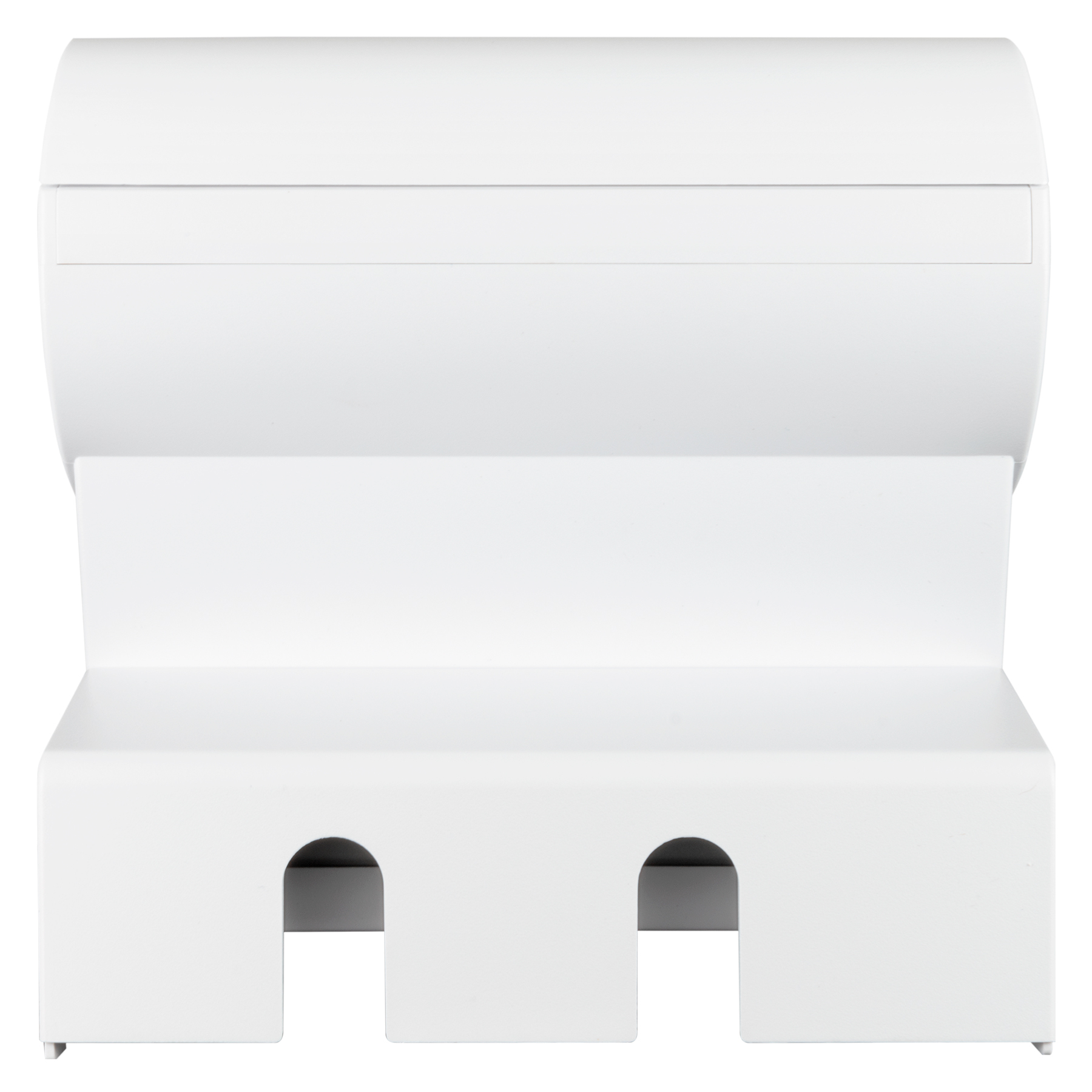 Biały uchwyt na papier, z zakrzywioną górą i dwoma otworami na dole.