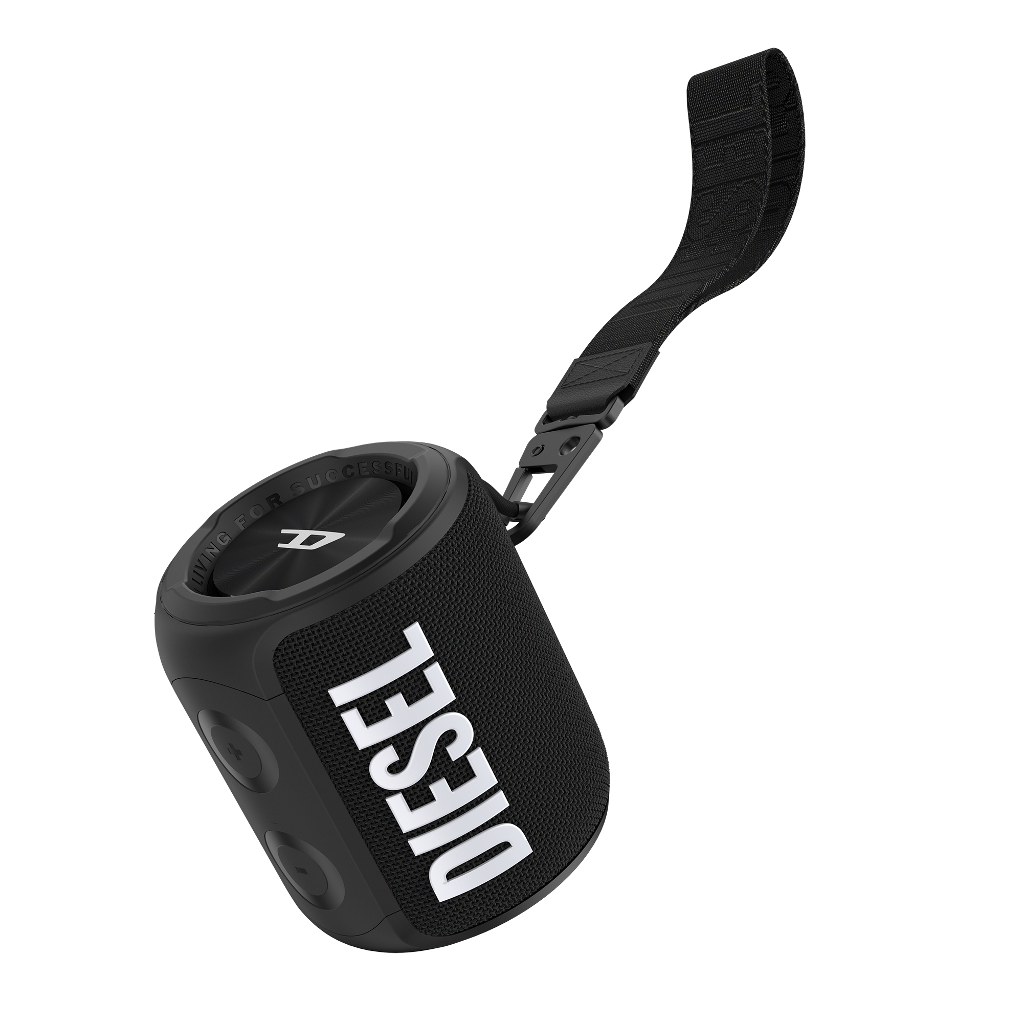 Altoparlante Diesel nero con logo bianco, cinturino nero. Vista angolata, sfondo bianco.