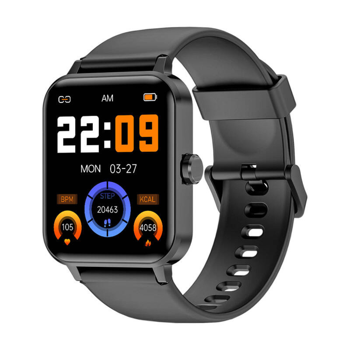 Czarny smartwatch z czarnym paskiem, wyświetla czas, kroki, BPM i kalorie.