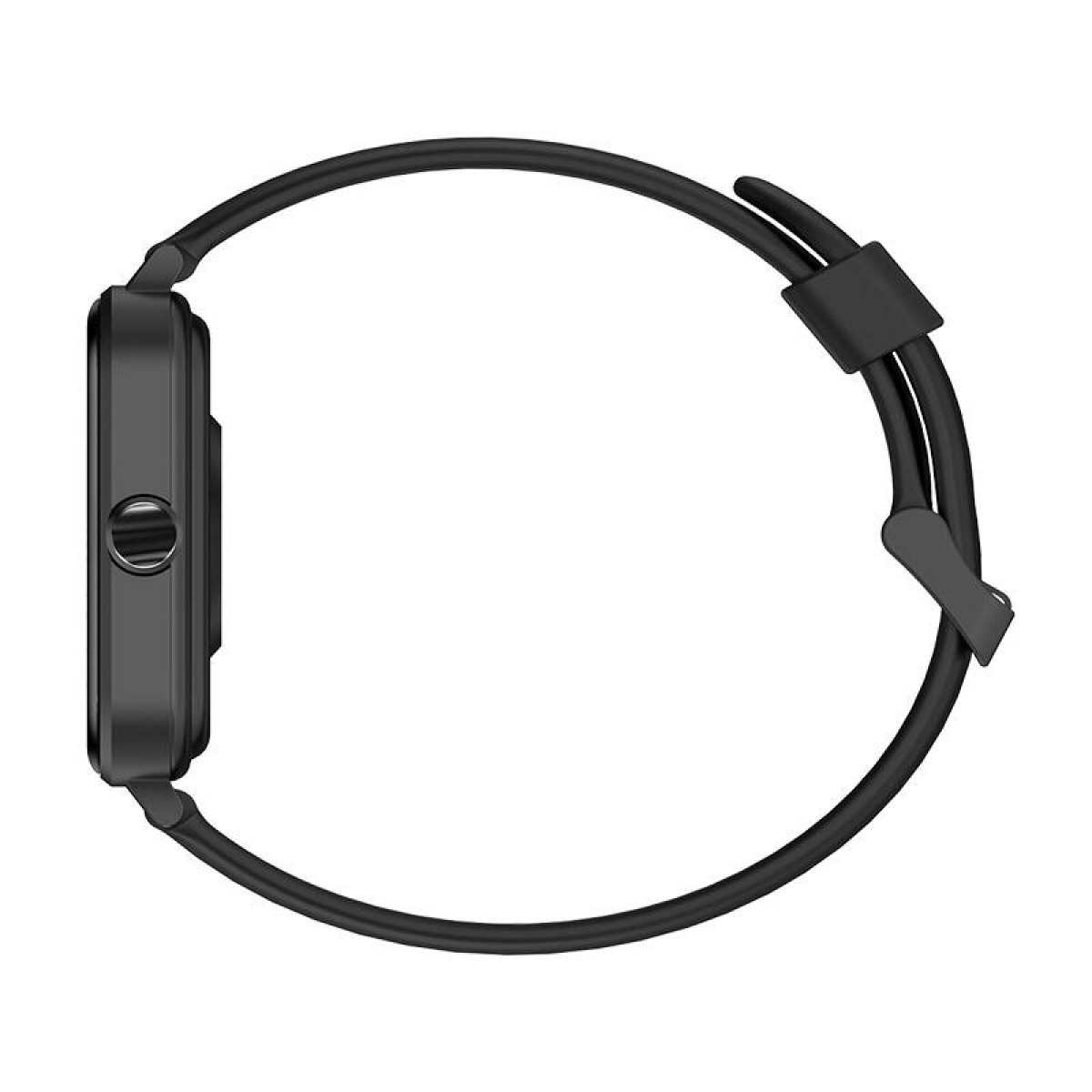 Czarny smartwatch, widok z boku. Czarny pasek i tarcza z przyciskiem.