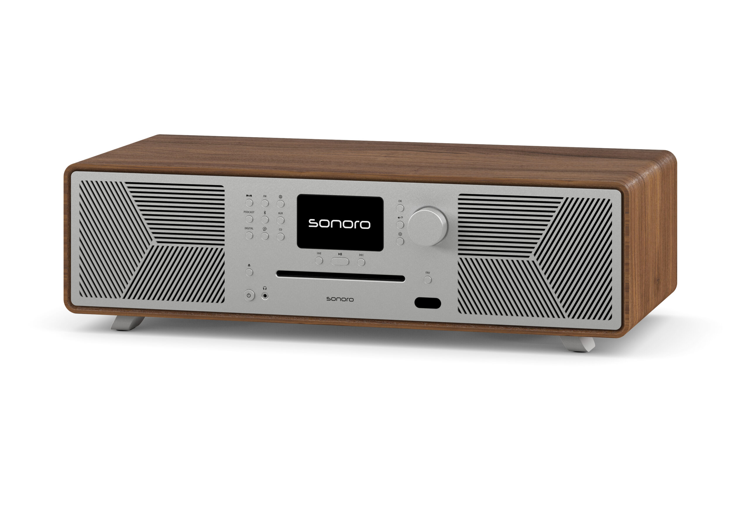 Braunes und silbernes Sonoro-Stereosystem mit zentralem Display.