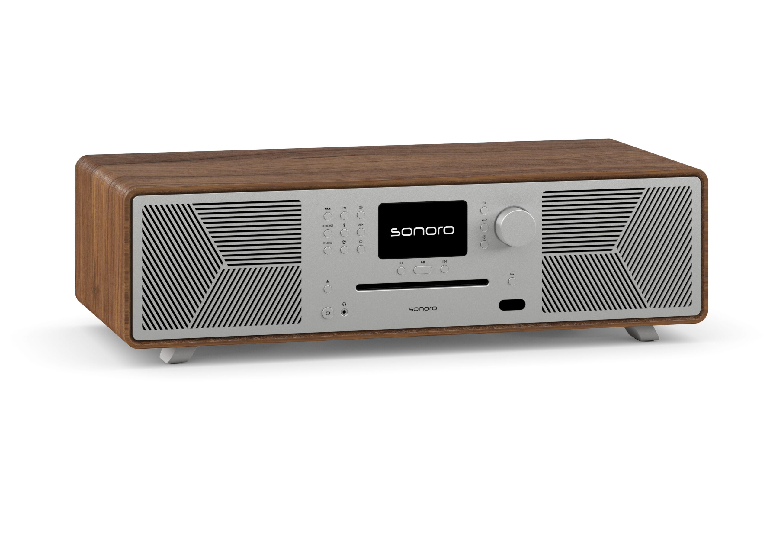 Audioanlage aus Holz mit silbernen Akzenten, Knöpfen, Display und CD-Schlitz. Marke Sonoro.
