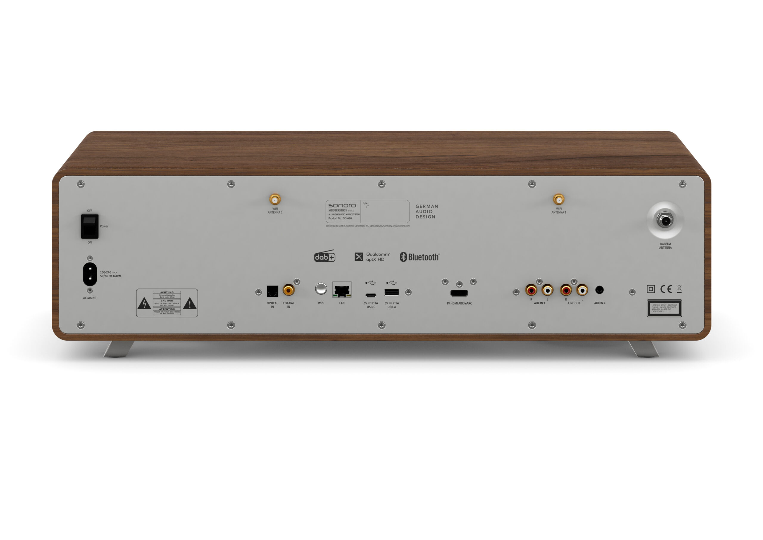 Rückseite des Sonoro-Stereosystems mit verschiedenen Anschlüssen und Knöpfen.
