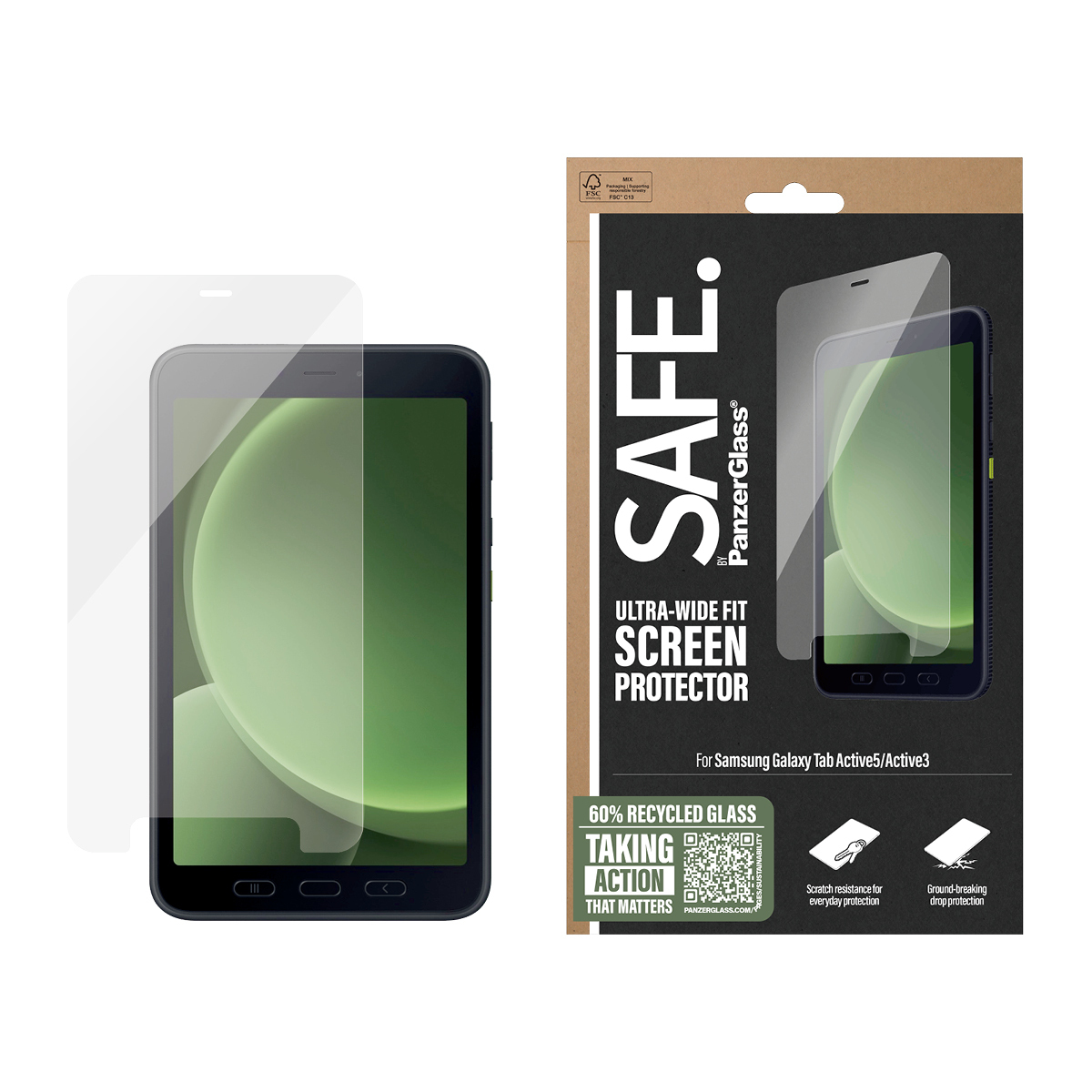 Dos protectores de pantalla junto a un paquete. Texto en el paquete: 'SAFE.' y 'SCREEN PROTECTOR'.