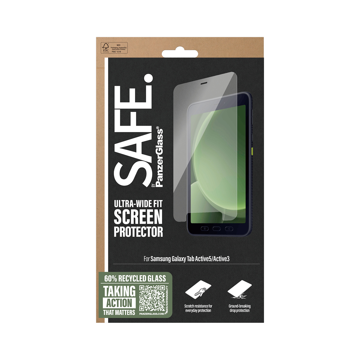 Protector de pantalla para Samsung Galaxy Tab en embalaje. Texto: 'SAFE.', 'SCREEN PROTECTOR', etc.
