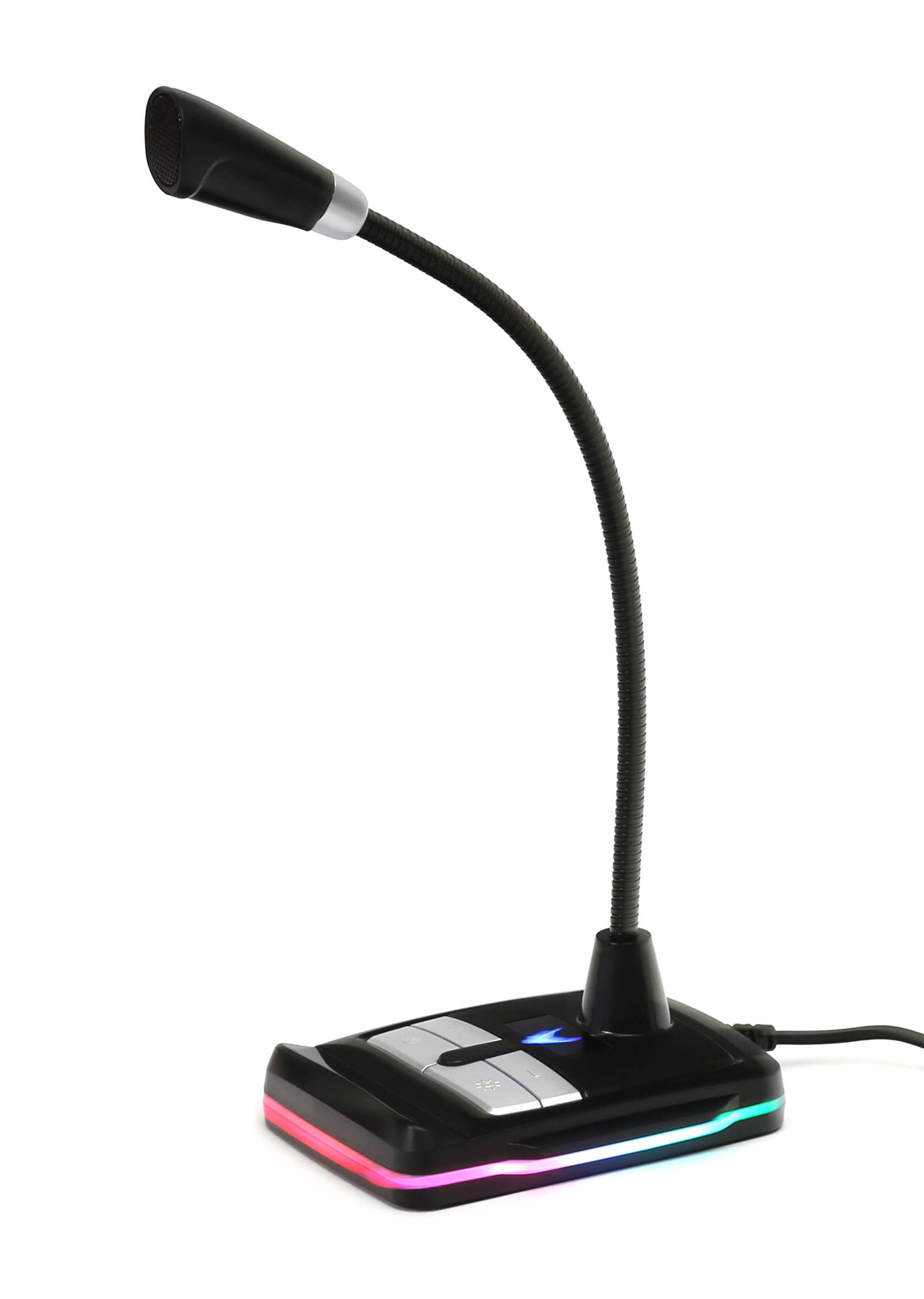 Czarny mikrofon z elastyczną szyjką, podstawą ze światłami i kablem USB na białym tle.