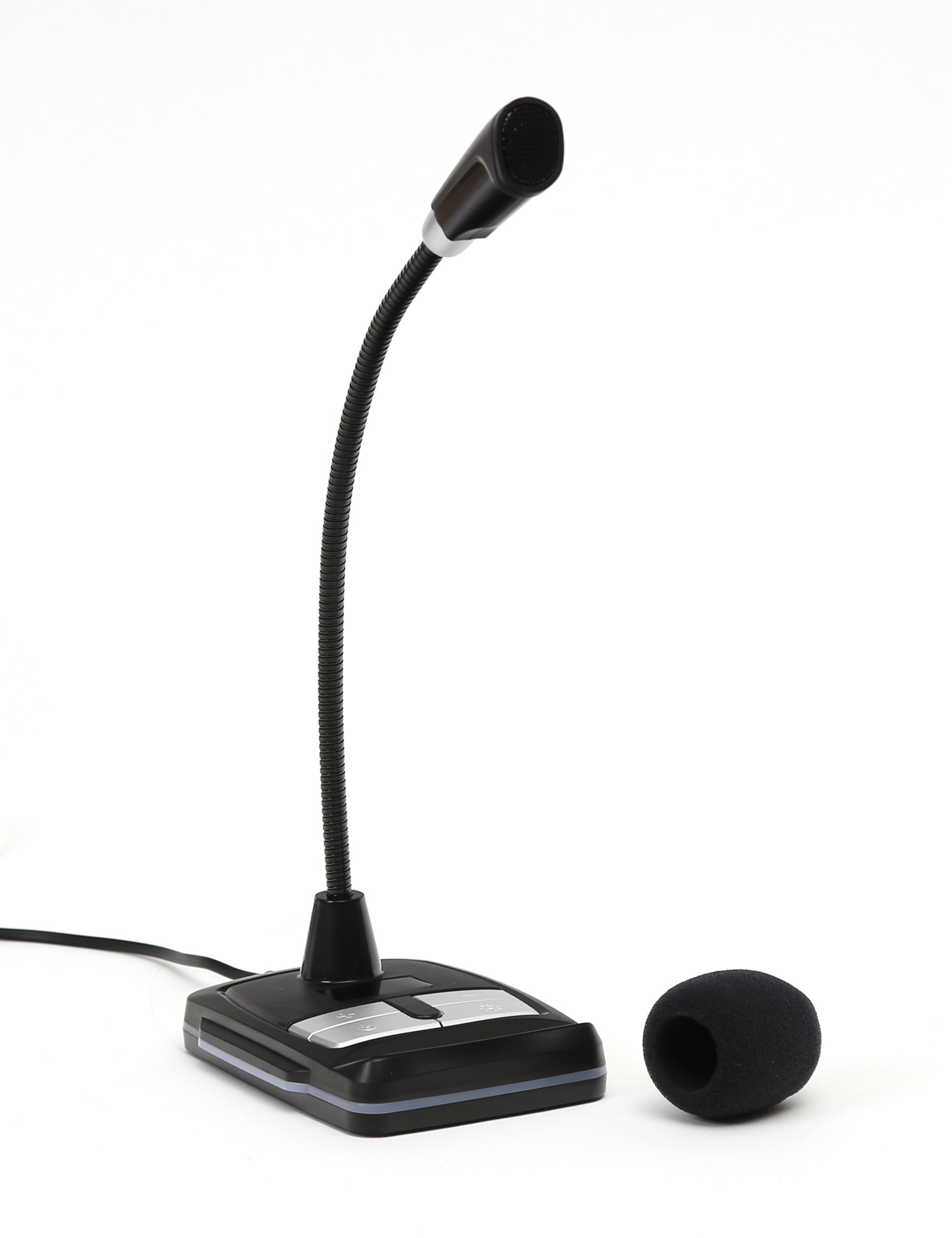 Czarny mikrofon z gęsią szyją i zdejmowaną piankową osłoną na białym tle.