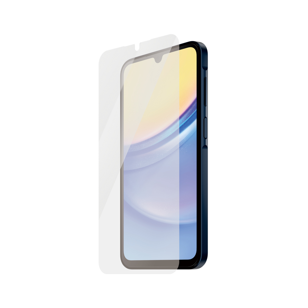 Smartphone nero con protezione schermo e confezione protezione schermo. Sfondo bianco.