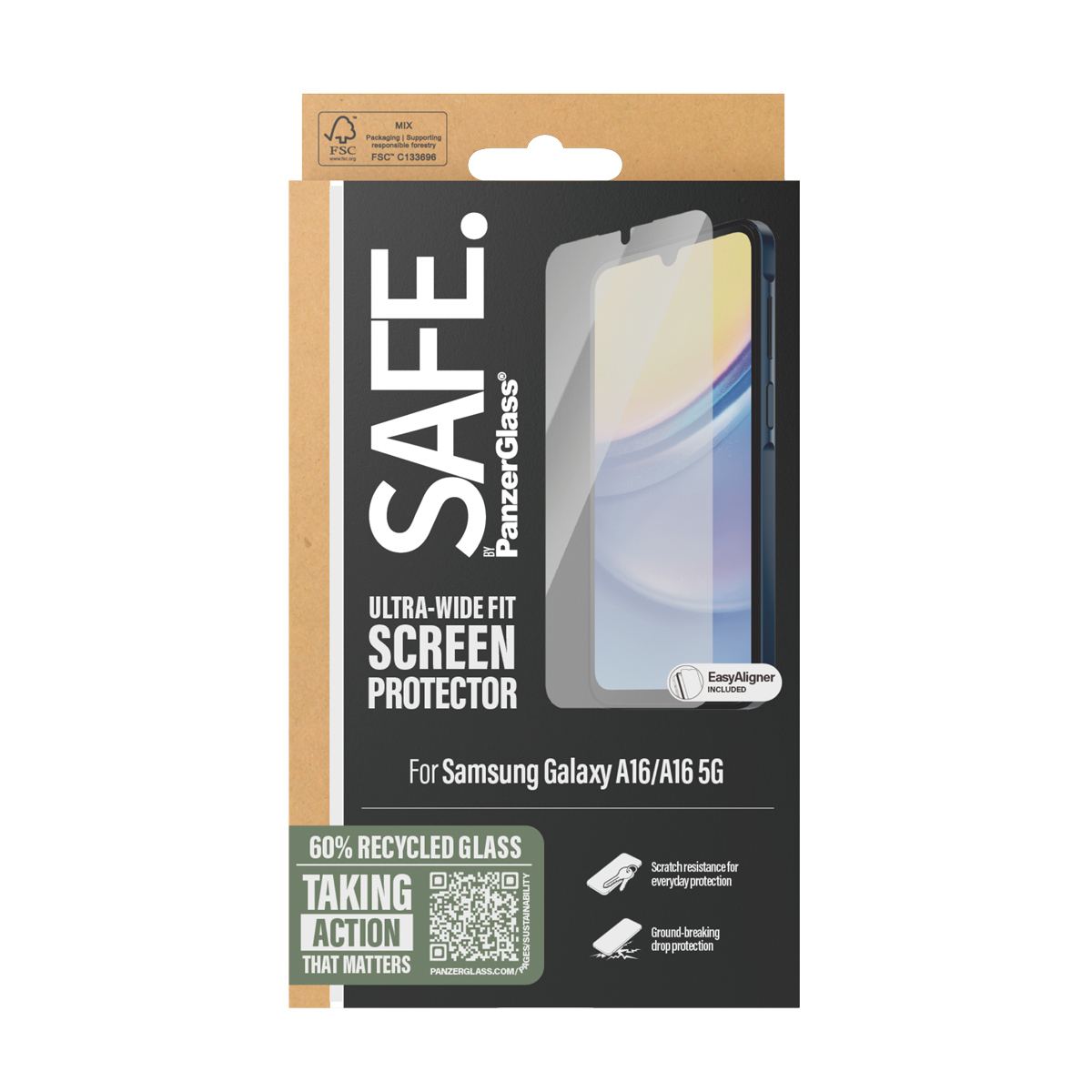 Scatola protezione schermo con protezione visibile, forma telefono, sfondo bianco.