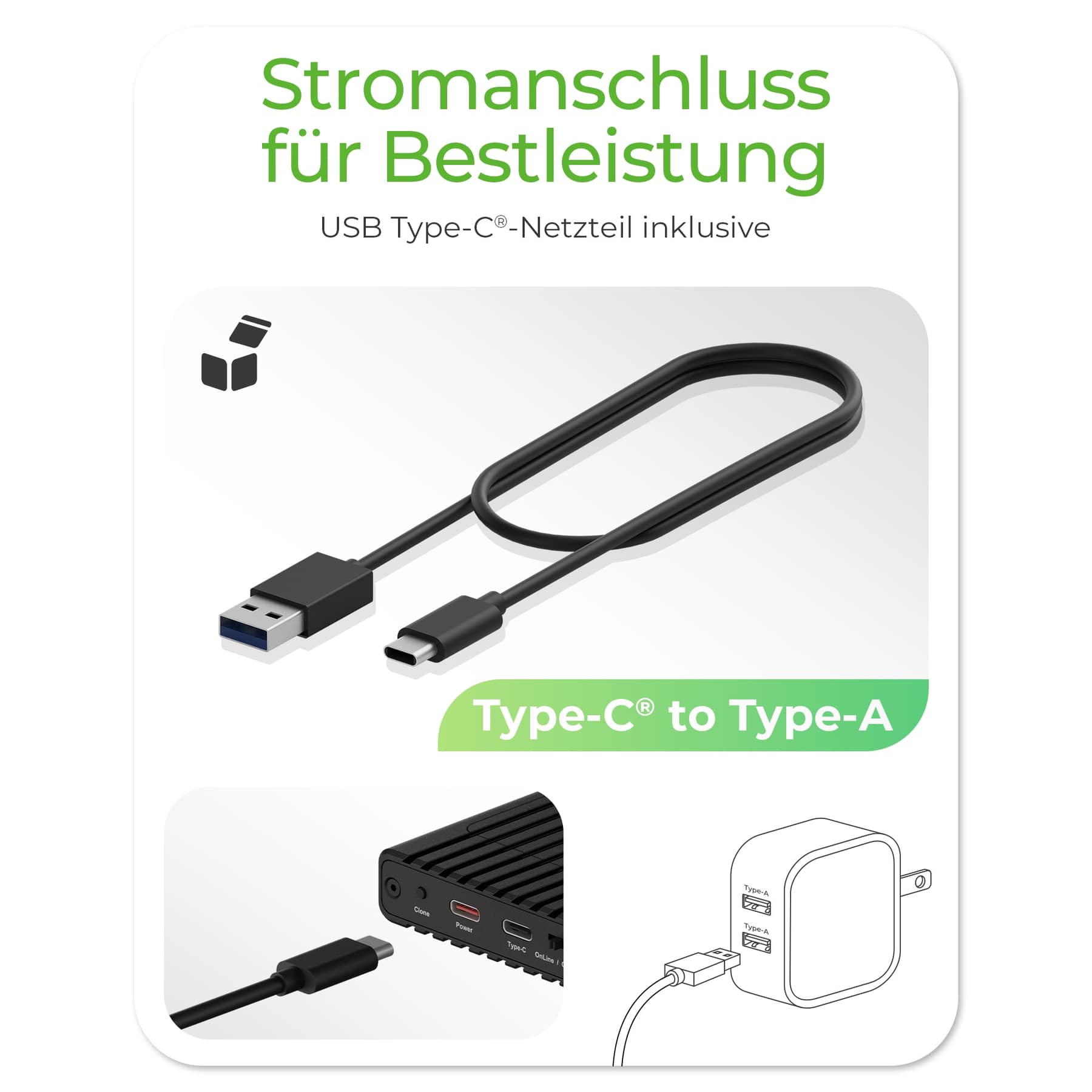 Kabel USB do Type-C i ładowarka. Obrazek pokazuje szczegóły połączenia.