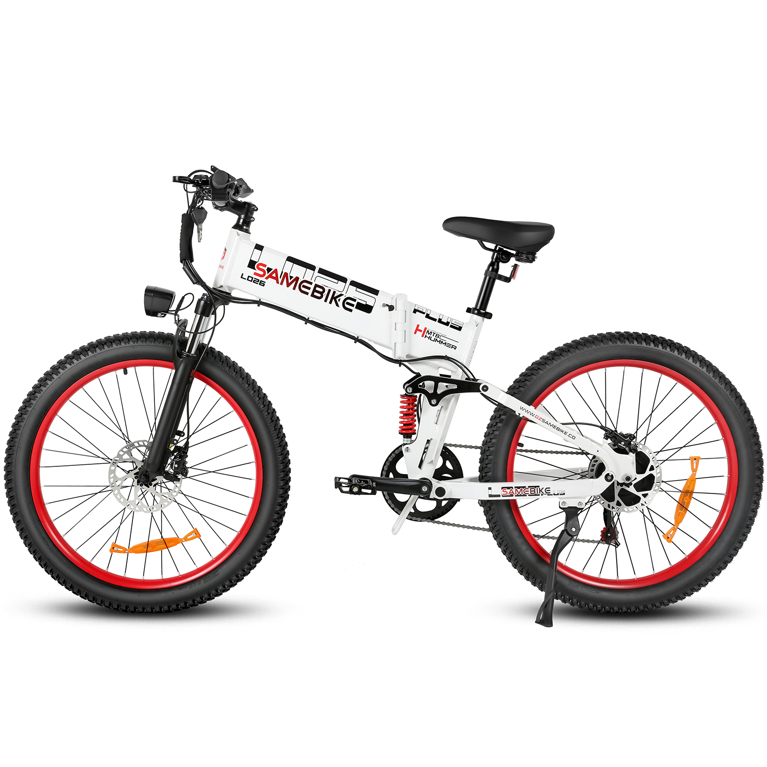 Rower elektryczny Samebike, biała rama, czerwone koła, czarne opony i czarne siodełko.