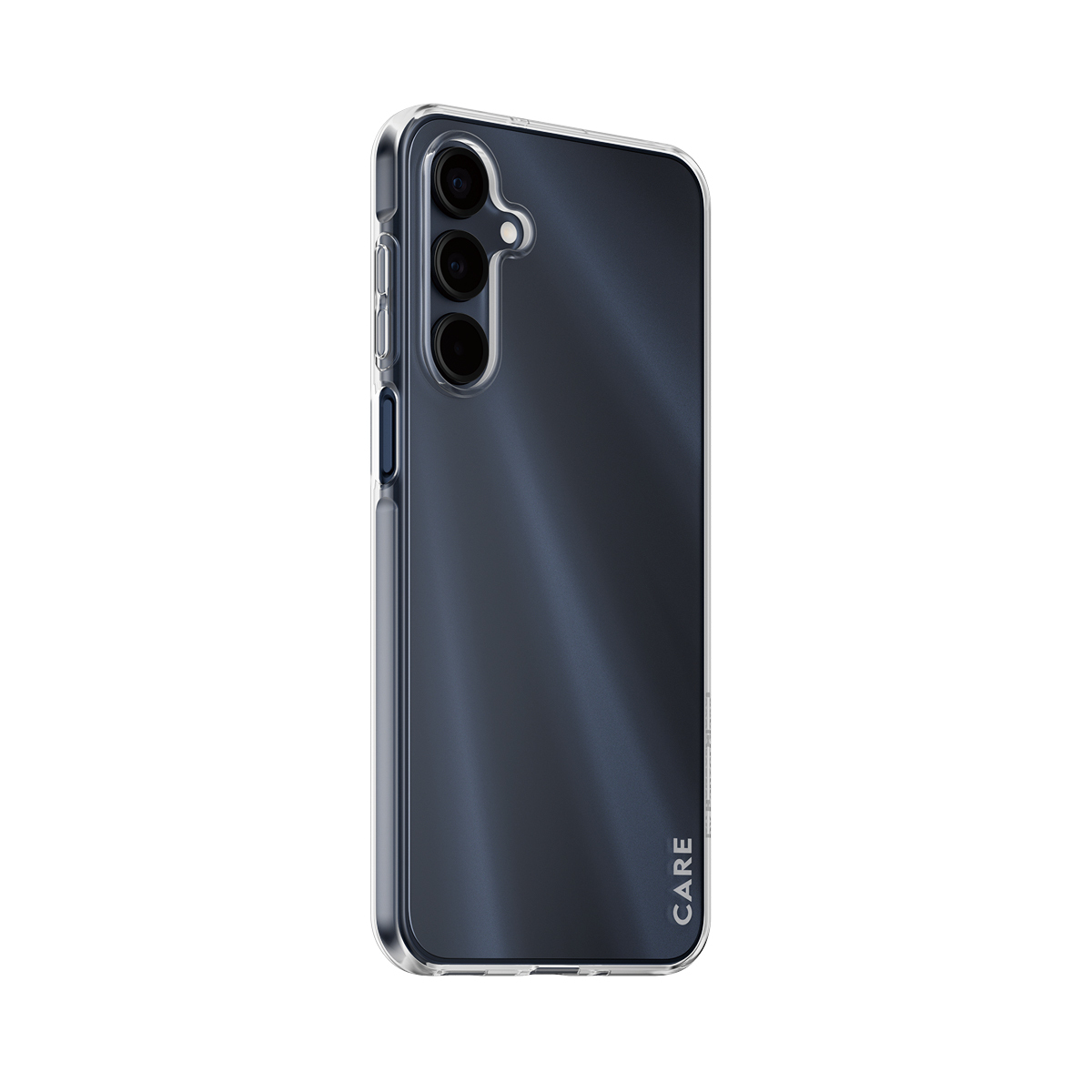 Przezroczyste etui na telefonie. Etui ma wycięcie na aparat i napis 'CARE'.
