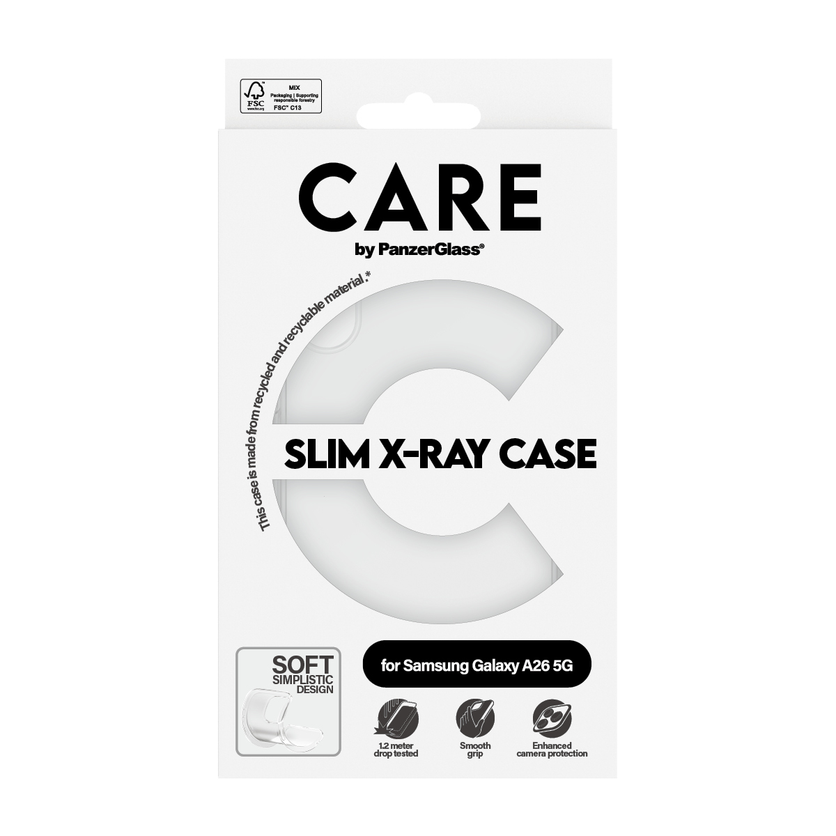 Białe pudełko na etui na telefon z tekstem 'CARE', 'SLIM X-RAY CASE' i obrazem etui.